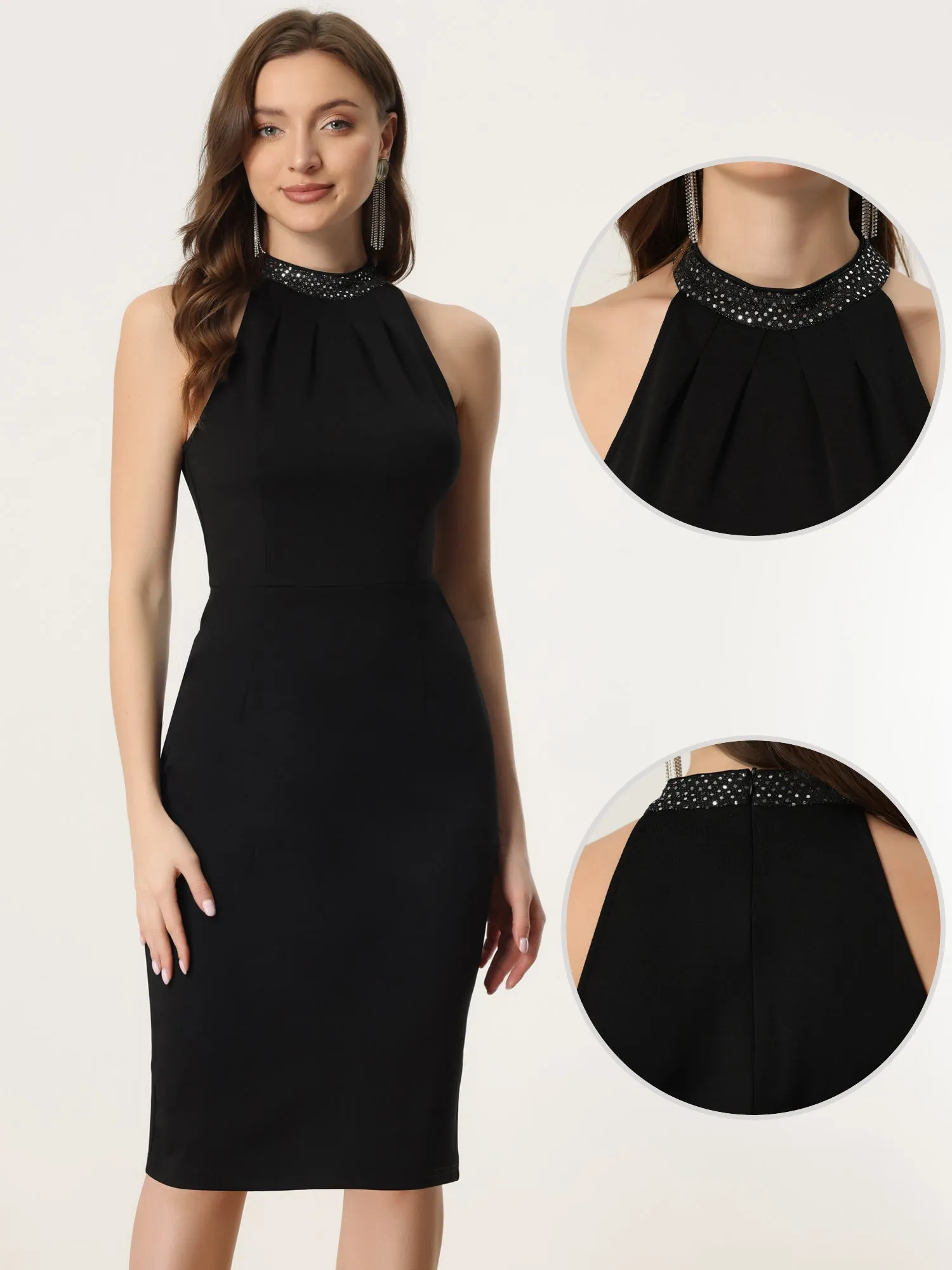 Sleeveless Glitter Halter Neck Party Zipper Midi Dress sold by Allegra K product image thumbnail 2