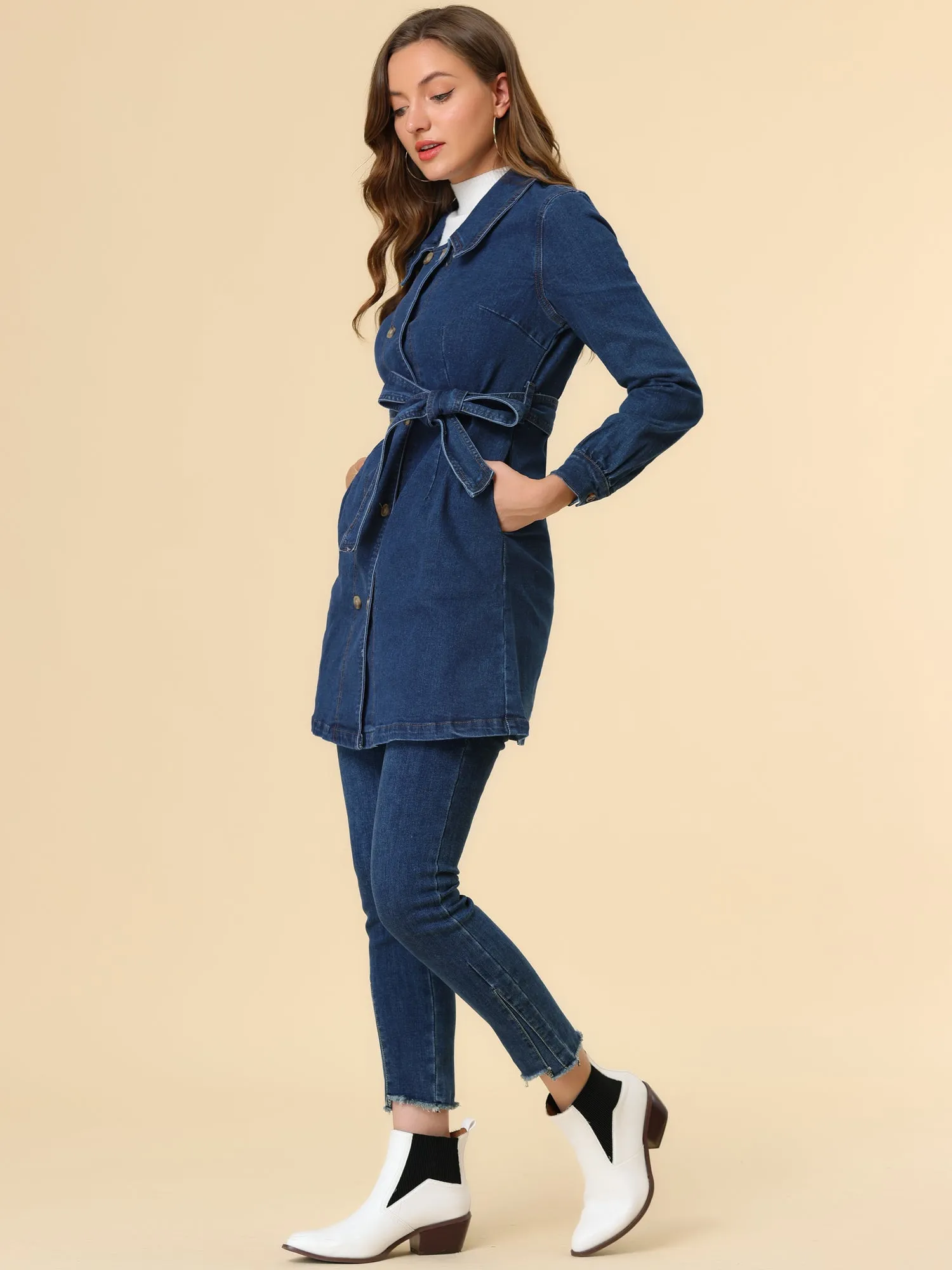 Long Sleeve Lapel Pockets Button Down Belt Denim Dress sold by Allegra K product image thumbnail 3