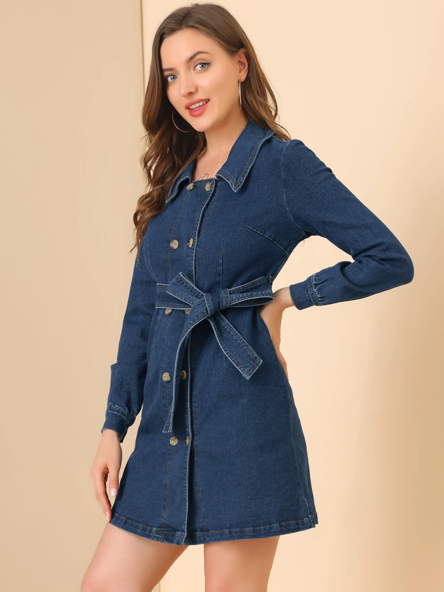 Long Sleeve Lapel Pockets Button Down Belt Denim Dress sold by Allegra K product image thumbnail 4