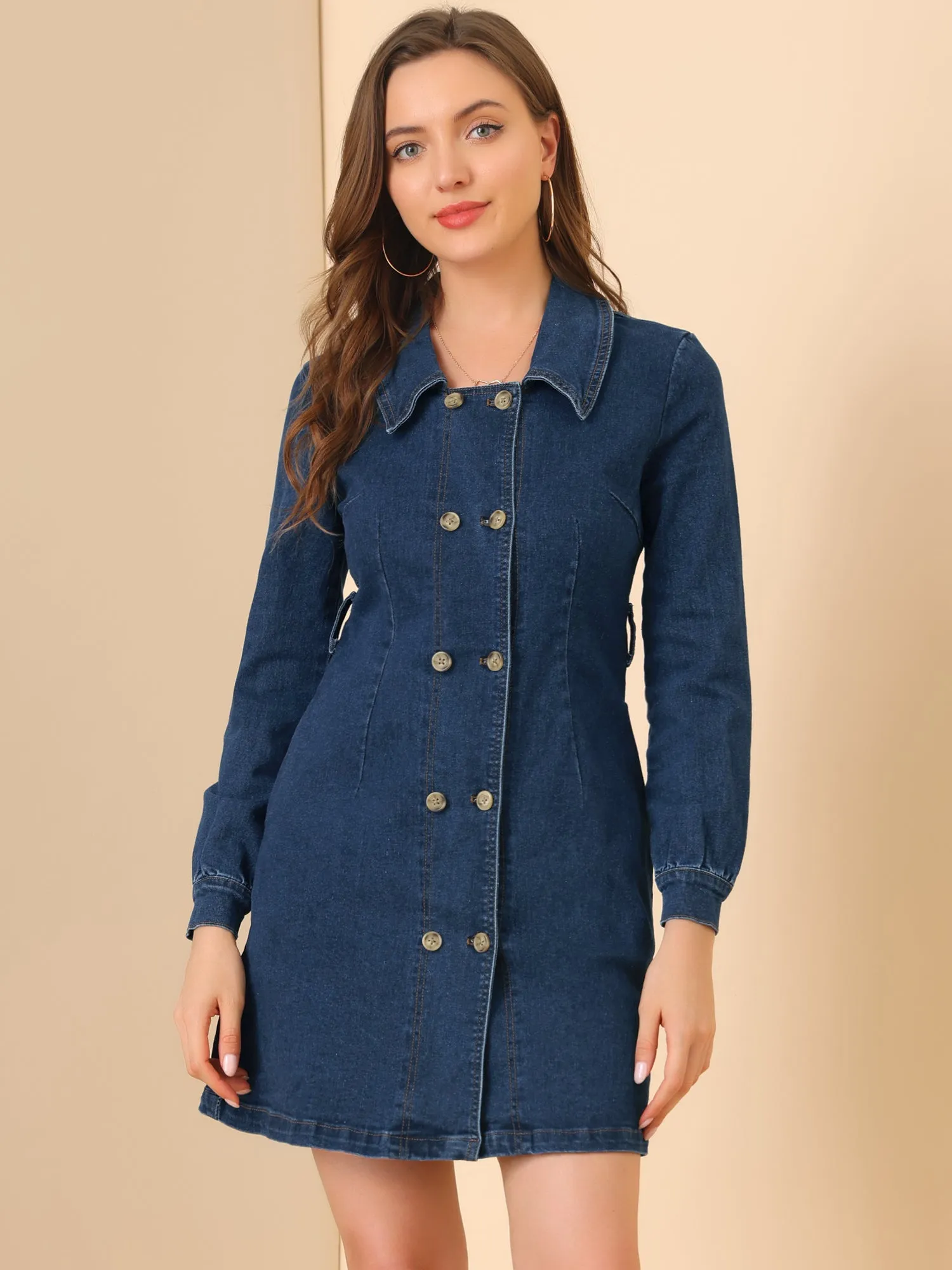 Long Sleeve Lapel Pockets Button Down Belt Denim Dress sold by Allegra K