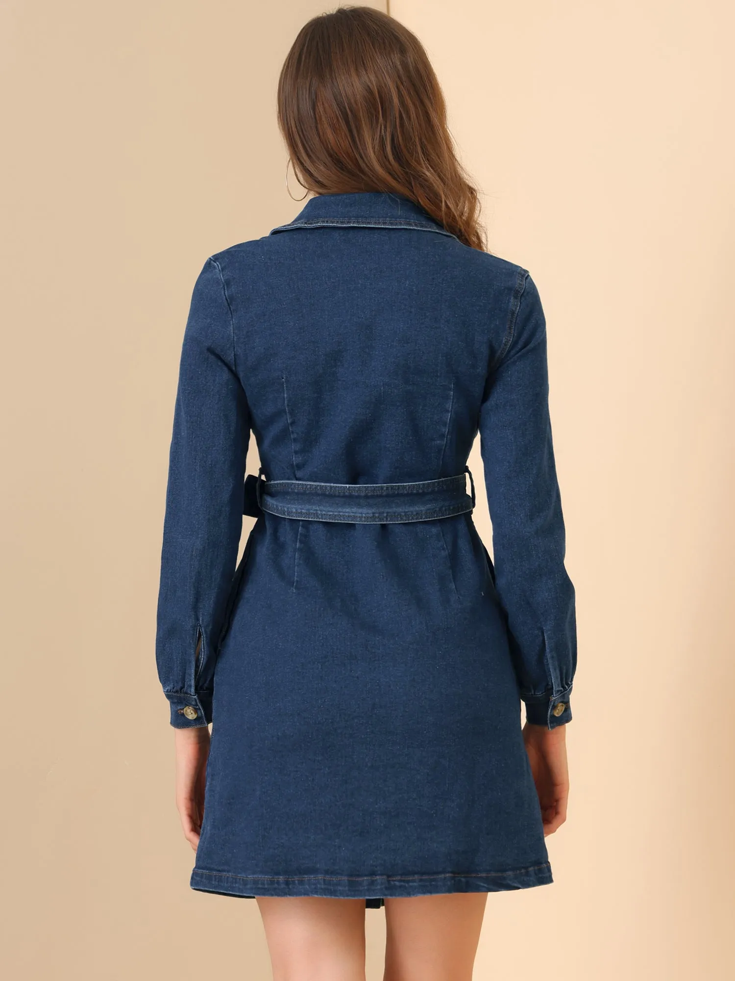 Long Sleeve Lapel Pockets Button Down Belt Denim Dress sold by Allegra K product image thumbnail 2