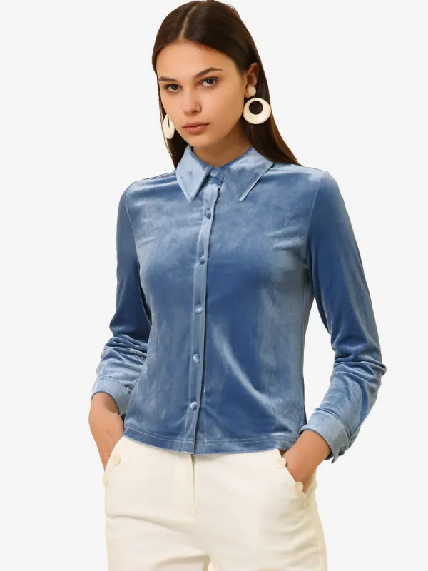 Point Collar Velvet Blouse Long Sleeve Button Up Shirt sold by Allegra K