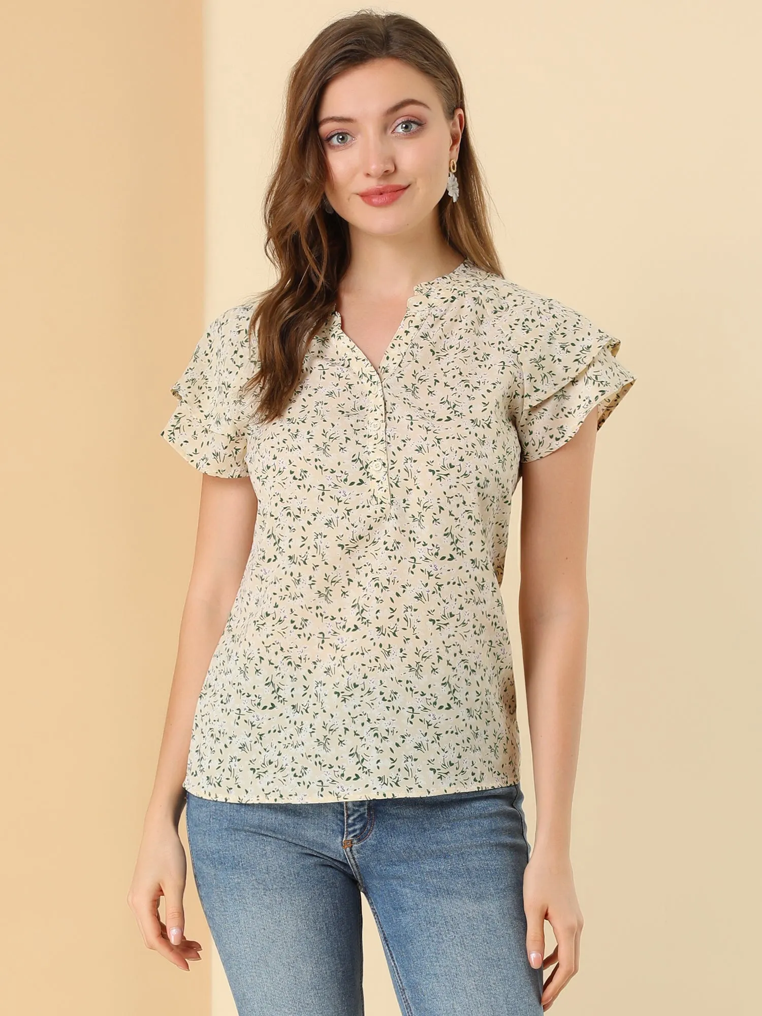 Floral Button V Neck Ruffled Cap Short Sleeve Casual Blouse sold by Allegra K product image thumbnail 2