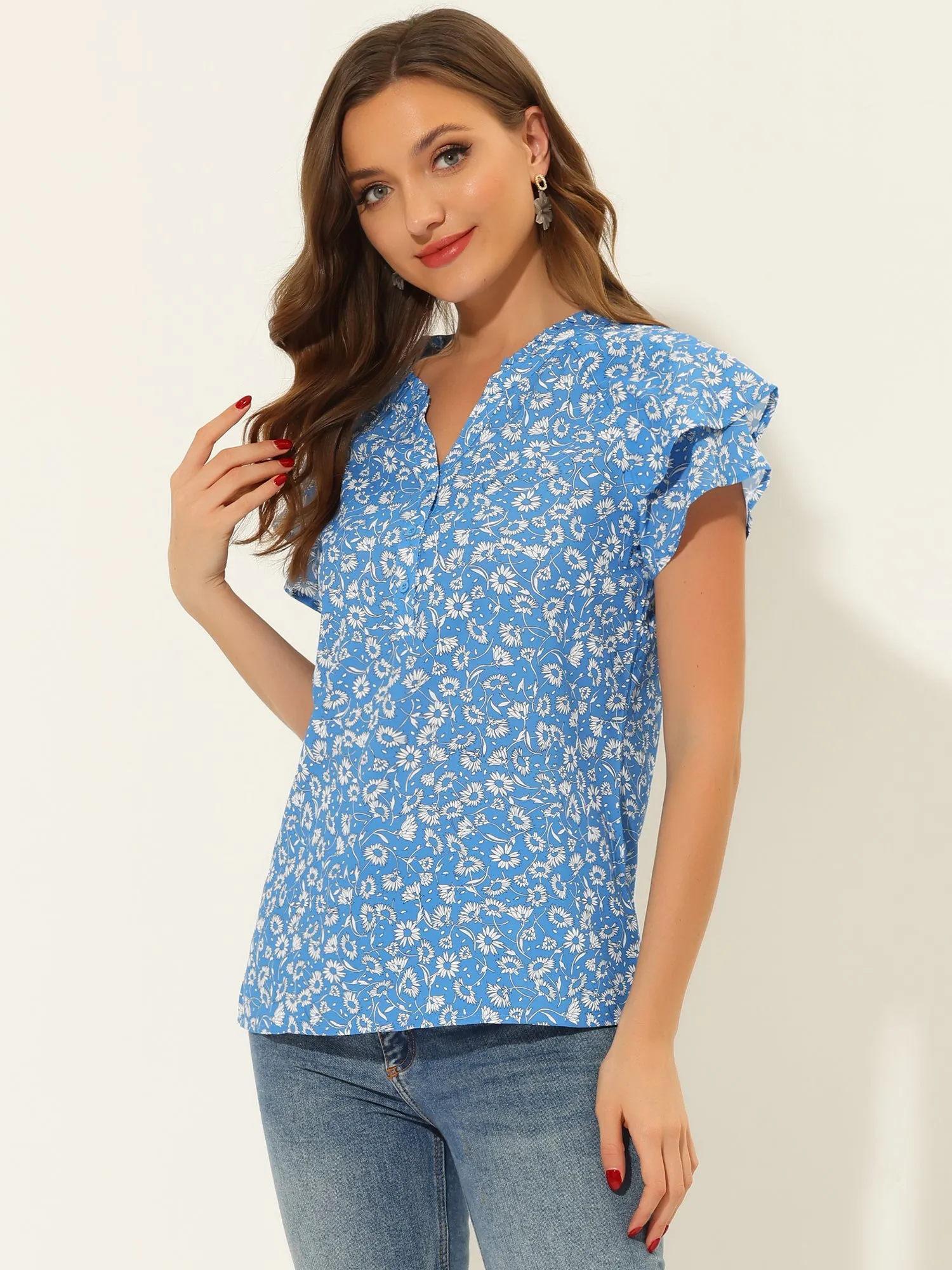 Floral Button V Neck Ruffled Cap Short Sleeve Casual Blouse sold by Allegra K product image thumbnail 3
