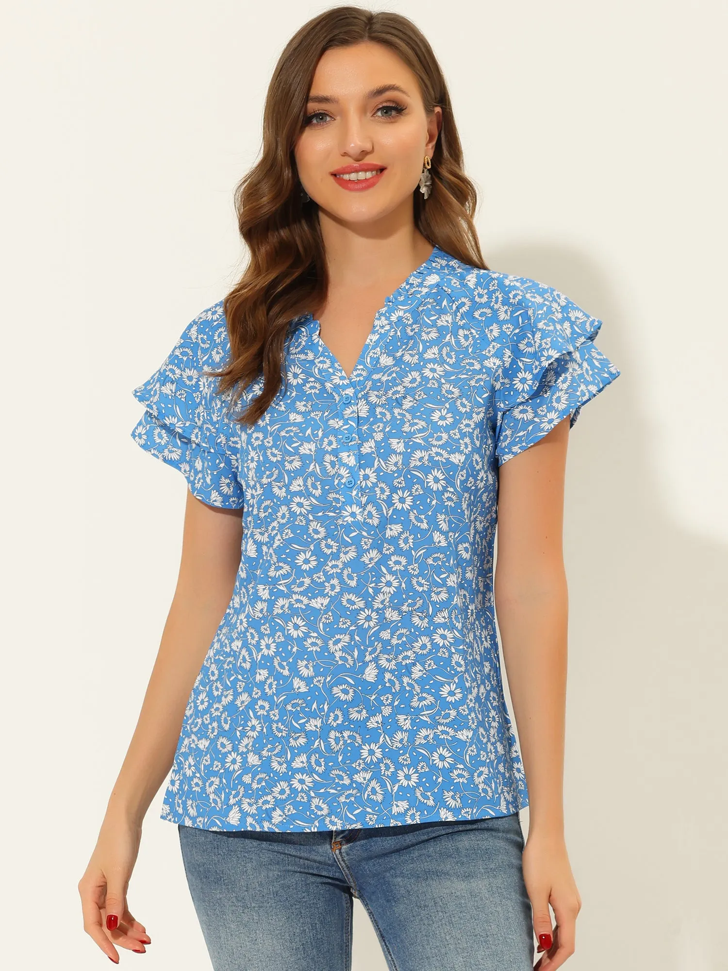 Floral Button V Neck Ruffled Cap Short Sleeve Casual Blouse sold by Allegra K