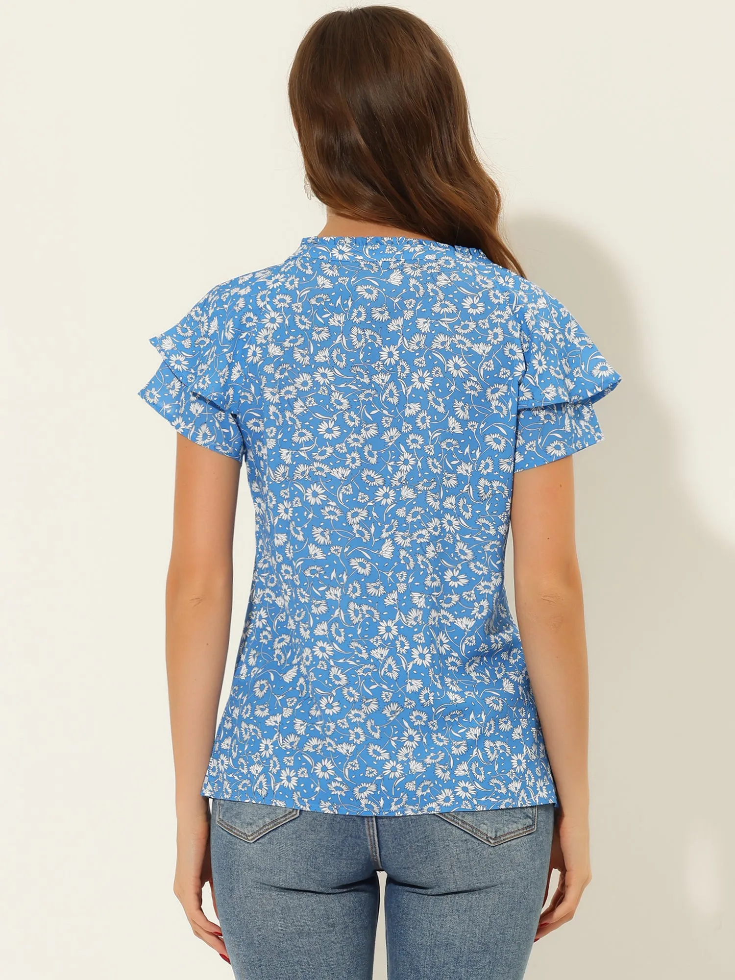 Floral Button V Neck Ruffled Cap Short Sleeve Casual Blouse sold by Allegra K product image thumbnail 4