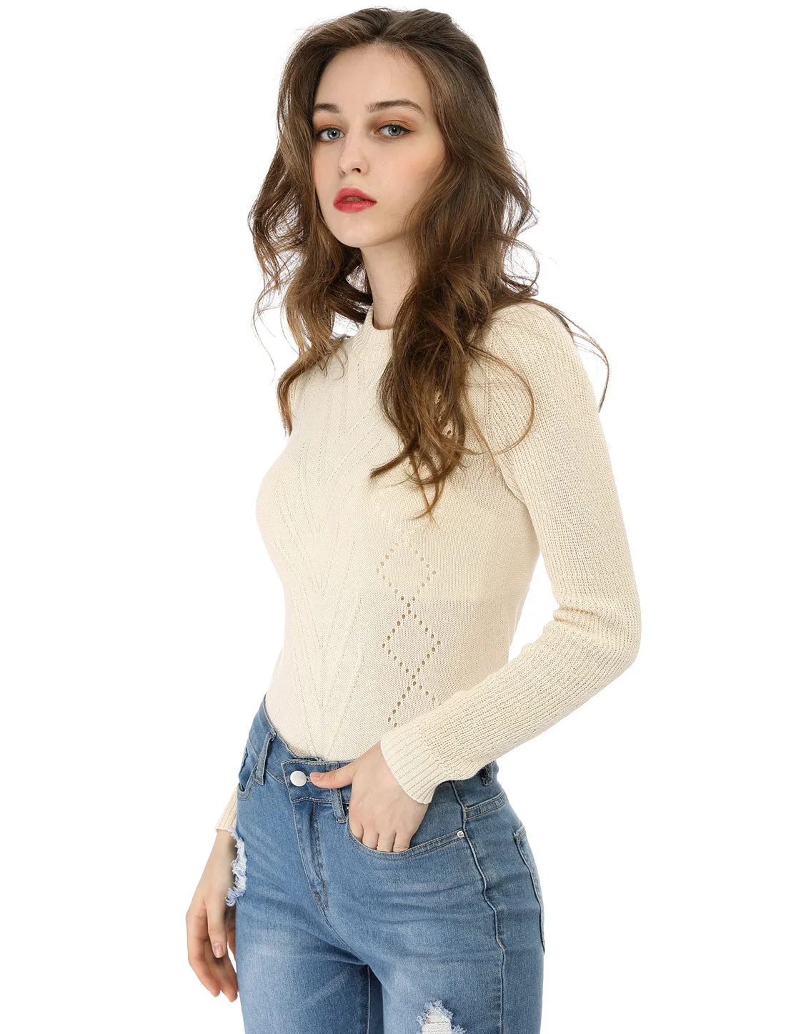 Crew Neck Pointelle Hollow Sweater Slim Fit Cropped Knitted Top sold by Allegra K product image thumbnail 3