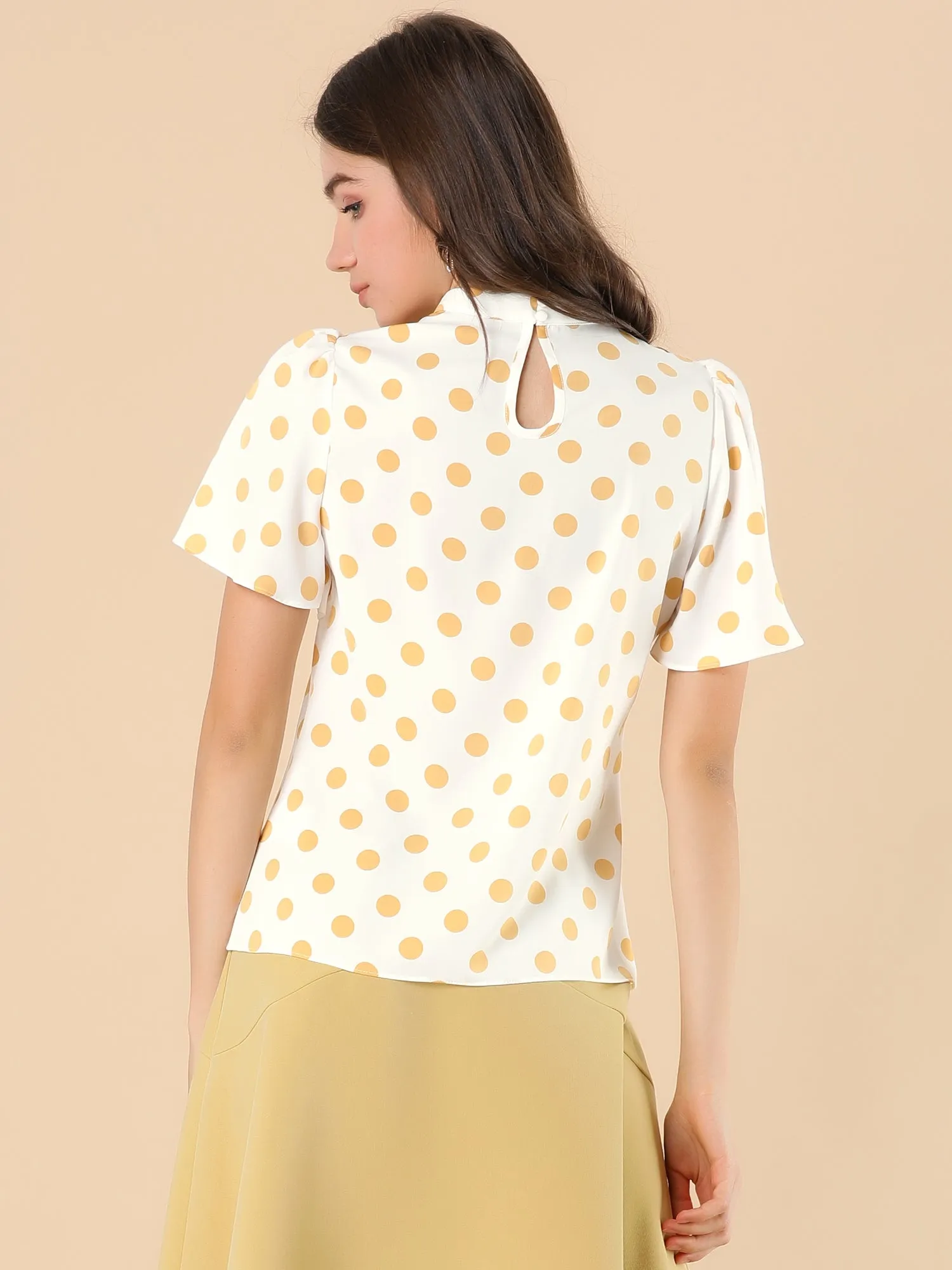 Polka Dots Stand Collar Pleat Keyhole Short Flare Sleeve Blouse sold by Allegra K product image thumbnail 3