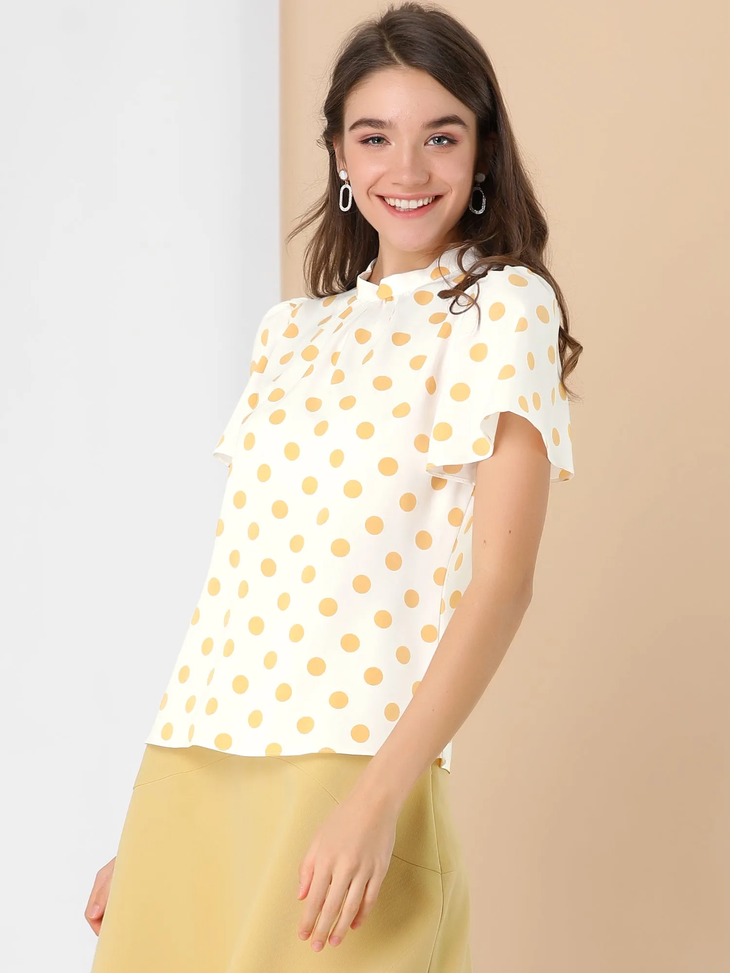 Polka Dots Stand Collar Pleat Keyhole Short Flare Sleeve Blouse sold by Allegra K product image thumbnail 5
