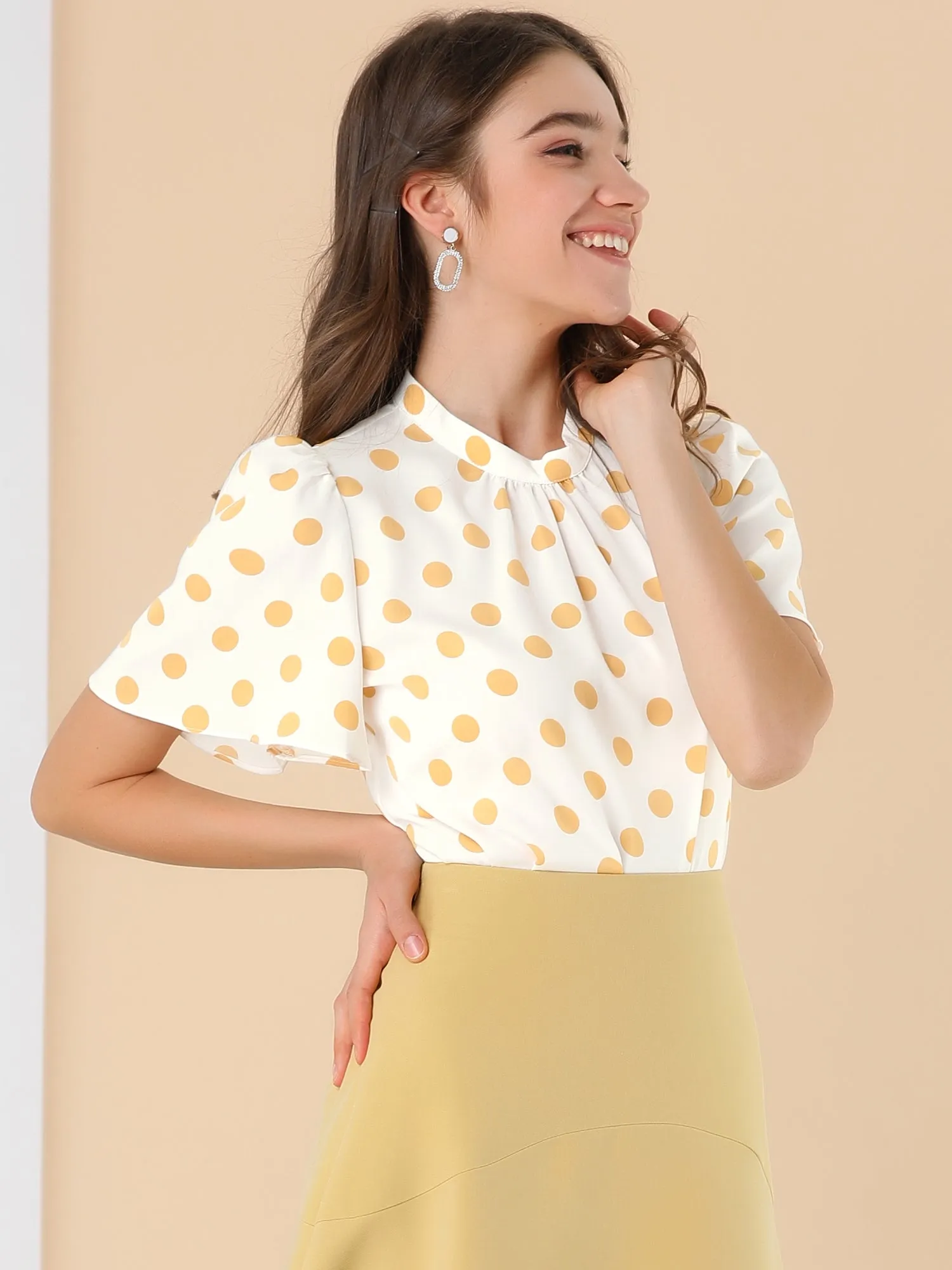 Polka Dots Stand Collar Pleat Keyhole Short Flare Sleeve Blouse sold by Allegra K