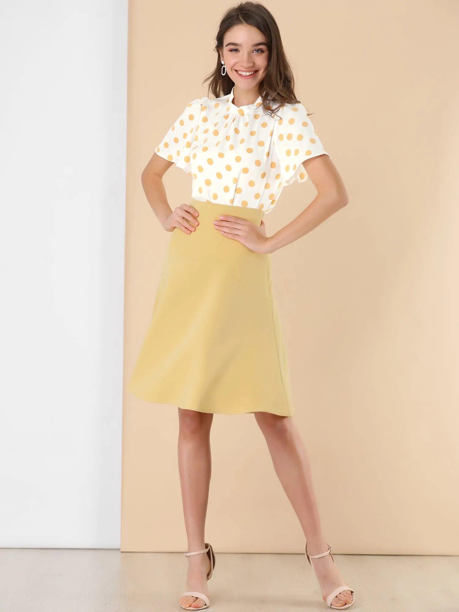 Polka Dots Stand Collar Pleat Keyhole Short Flare Sleeve Blouse sold by Allegra K product image thumbnail 2
