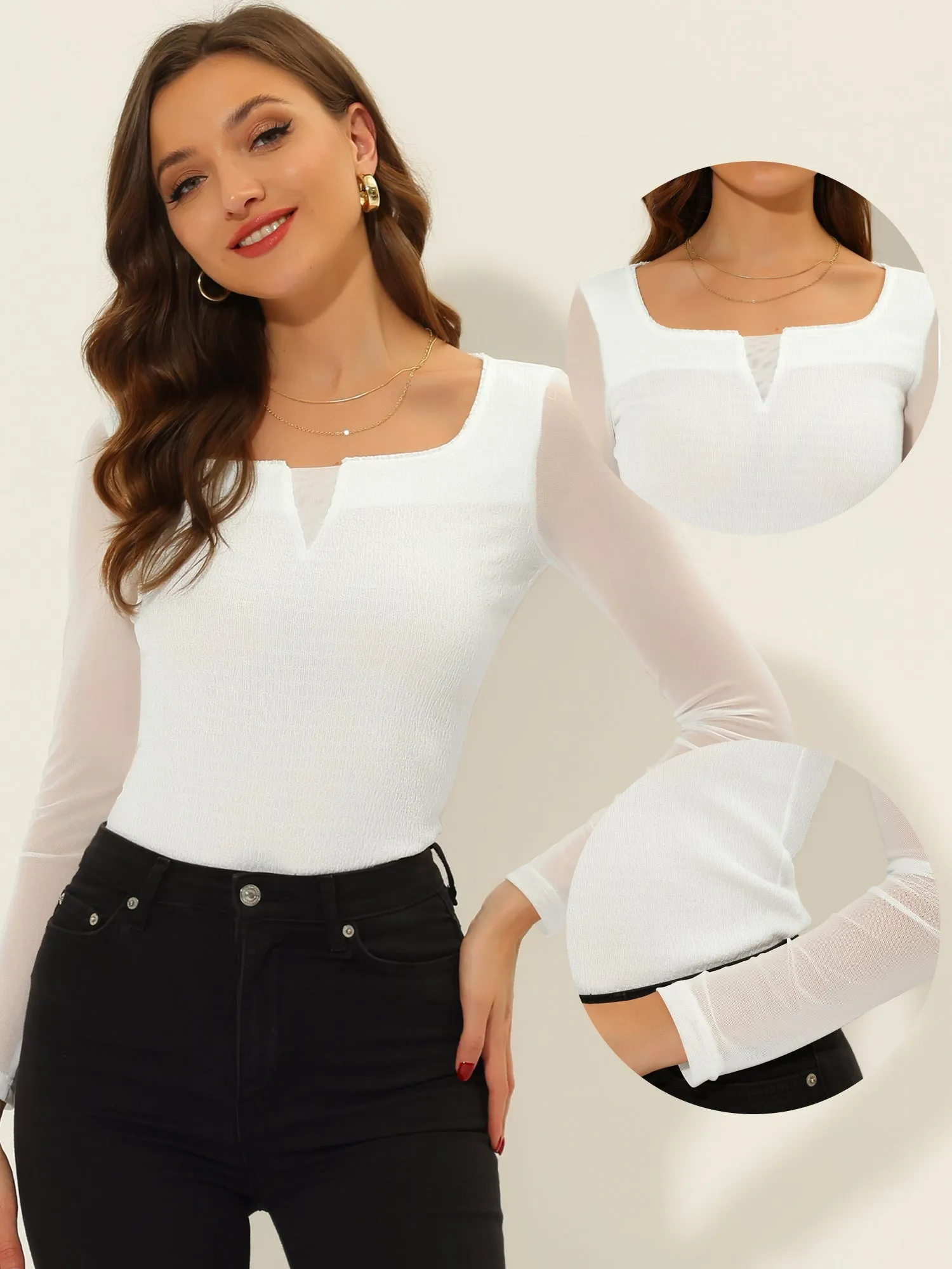 Work Blouse Square Neck Slim Fit Mesh Sheer Long Sleeve Tops sold by Allegra K product image thumbnail 3
