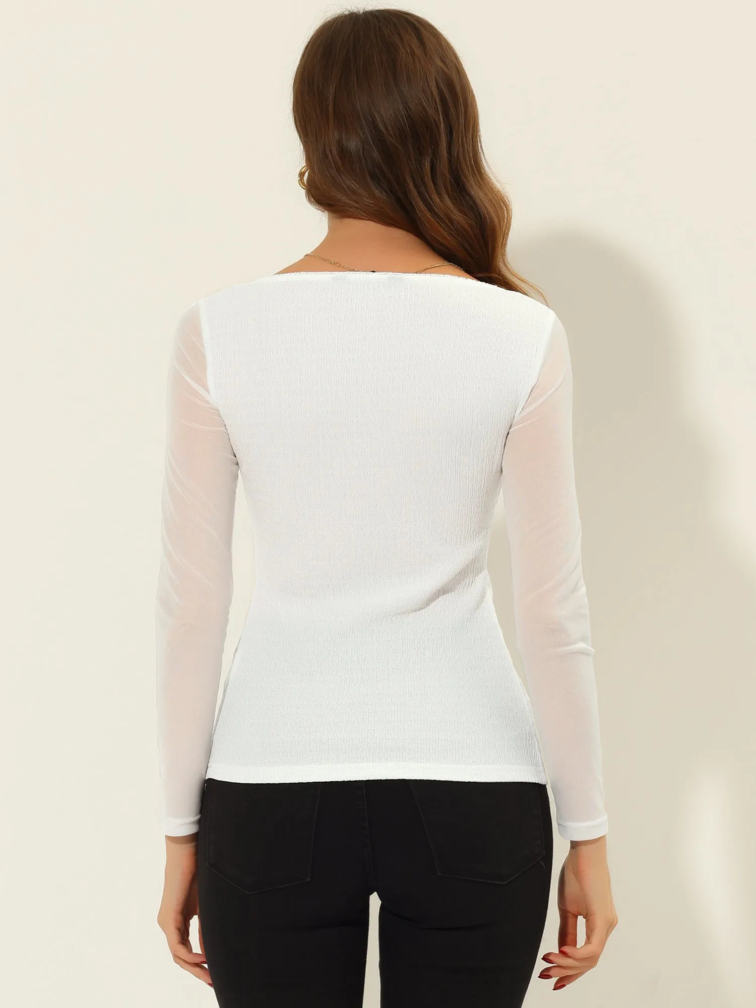 Work Blouse Square Neck Slim Fit Mesh Sheer Long Sleeve Tops sold by Allegra K product image thumbnail 4