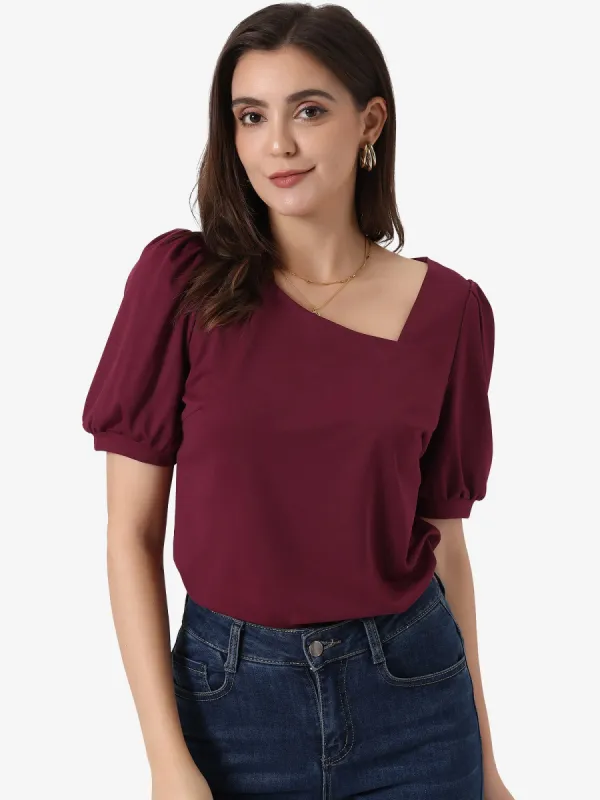 Casual Puff Short Sleeve Asymmetrical V Neck Loose Fit Blouse sold by Allegra K