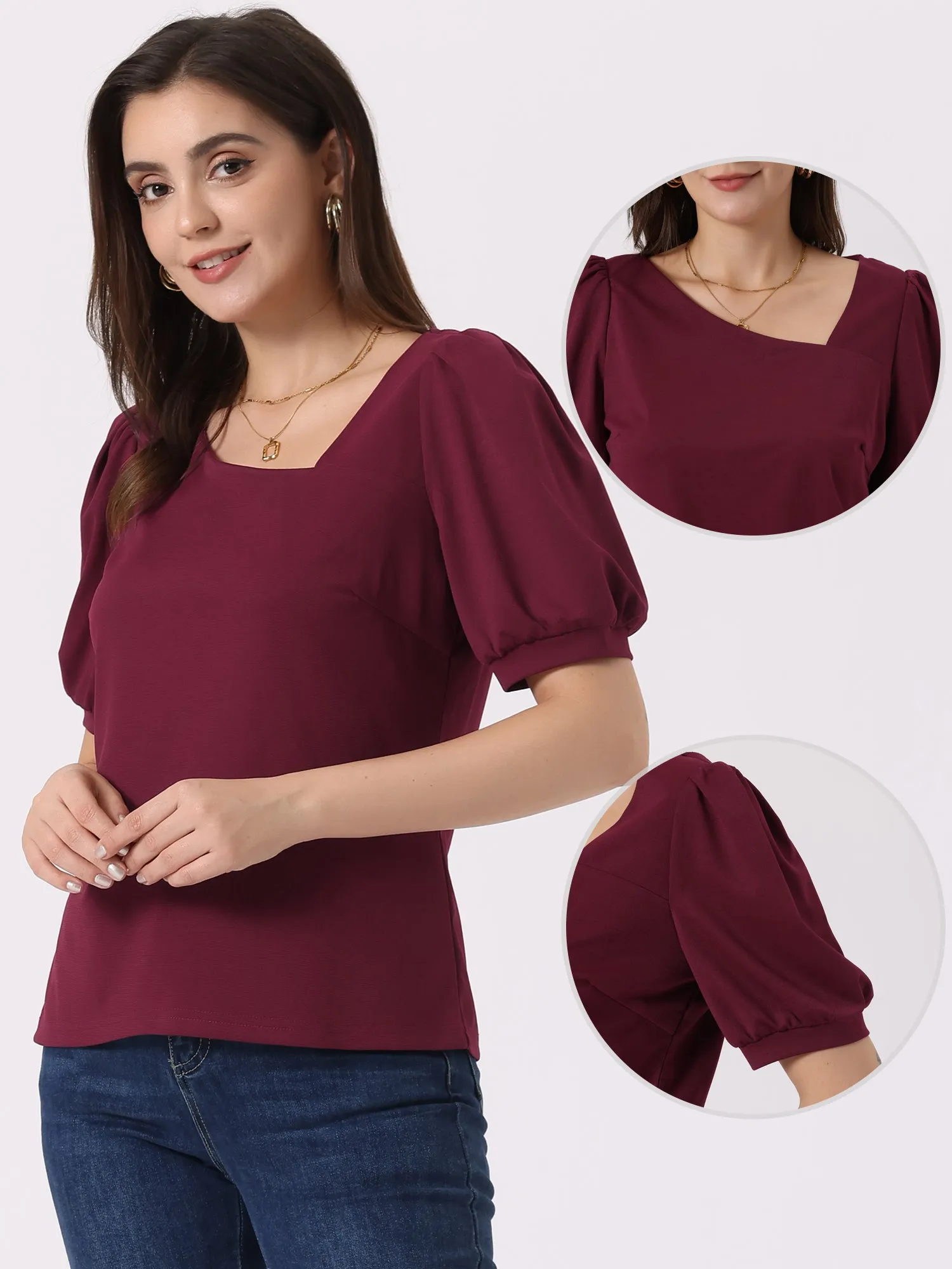 Casual Puff Short Sleeve Asymmetrical V Neck Loose Fit Blouse sold by Allegra K product image thumbnail 2