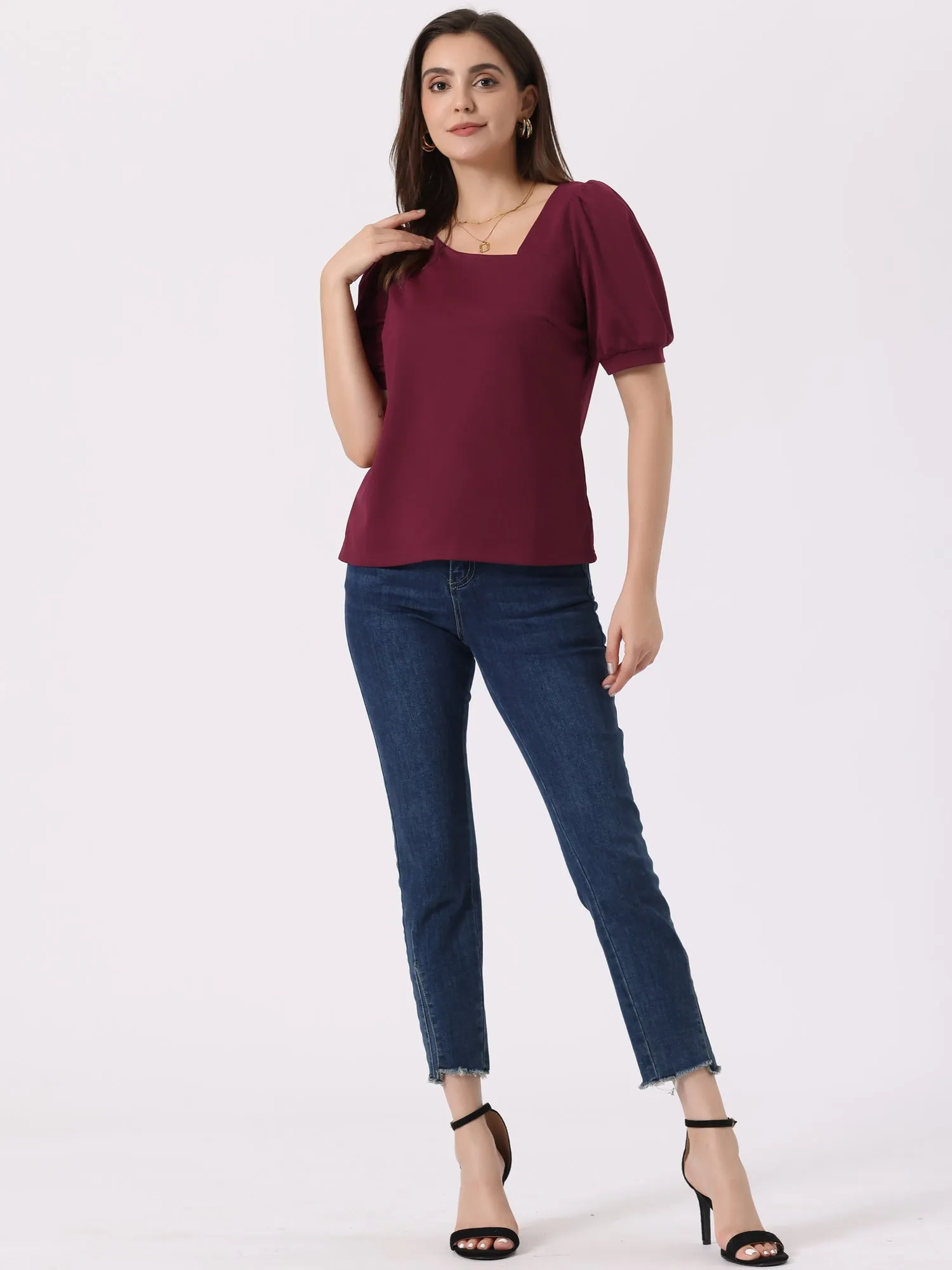 Casual Puff Short Sleeve Asymmetrical V Neck Loose Fit Blouse sold by Allegra K product image thumbnail 4