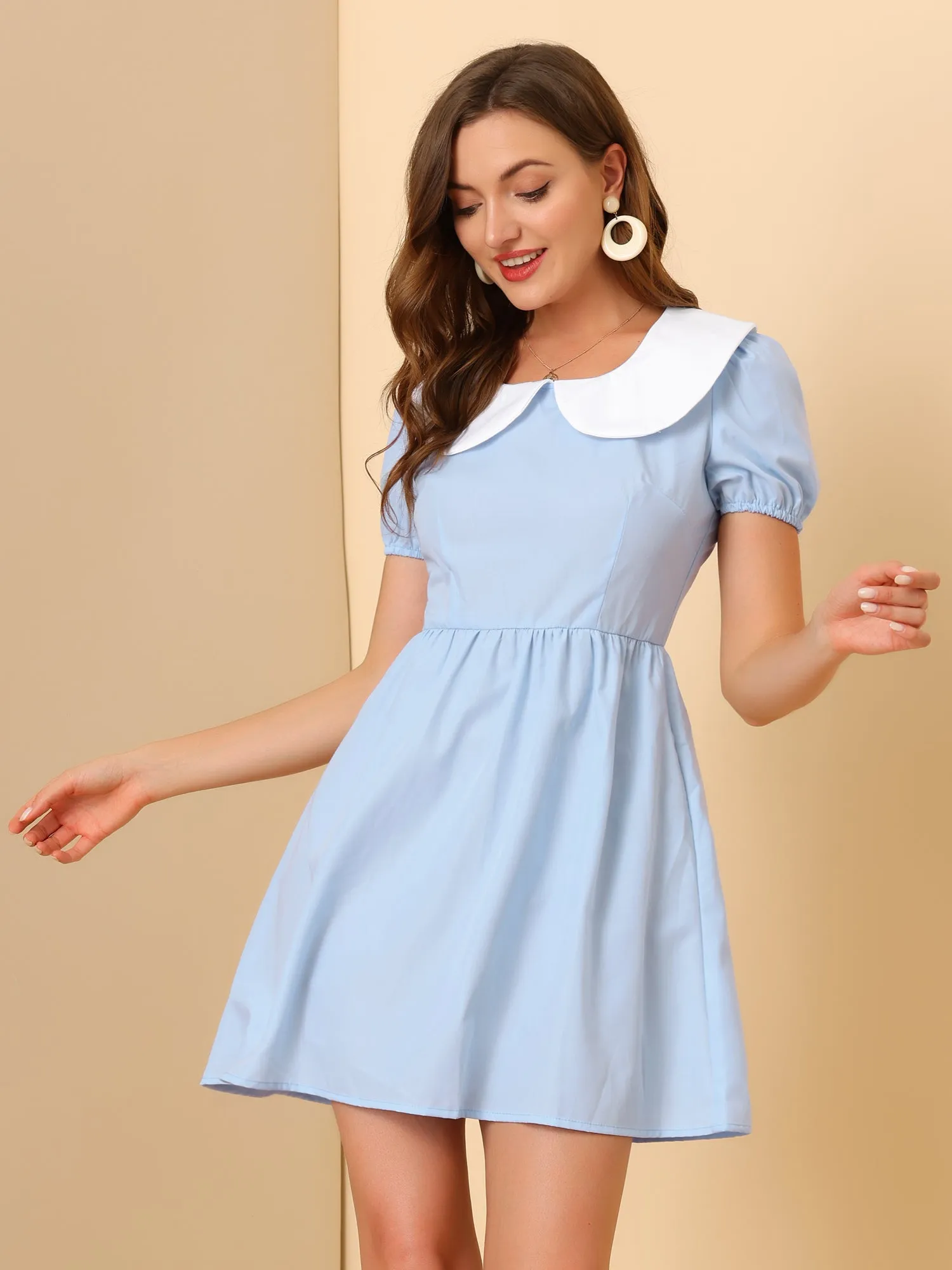 Contrast Peter Pan Collar Puff Short Sleeve A-line Dress sold by Allegra K
