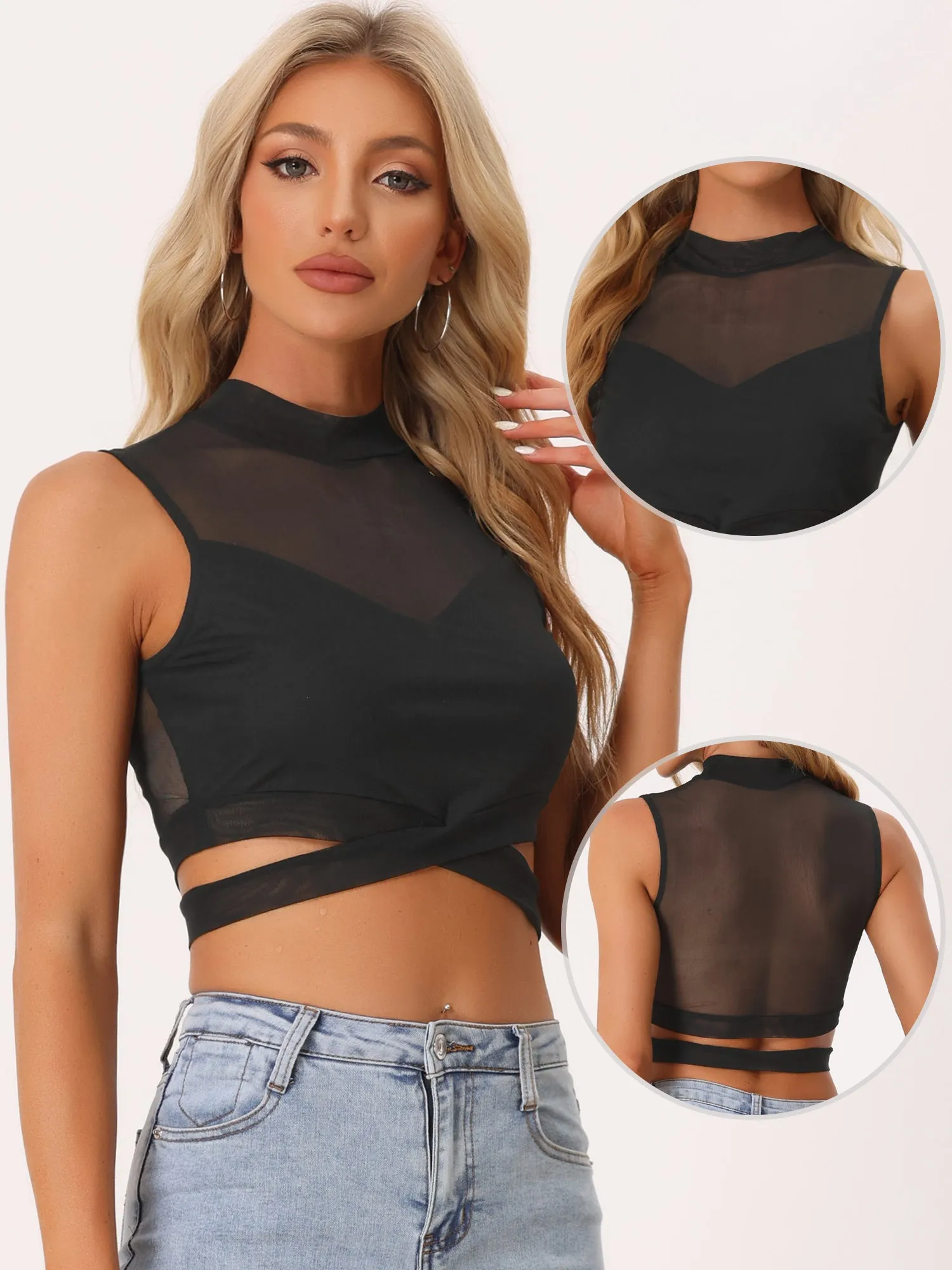 Solid Mesh Sheer Sleeveless Waist Cross Camisole Crop Tank Top sold by Allegra K product image thumbnail 2