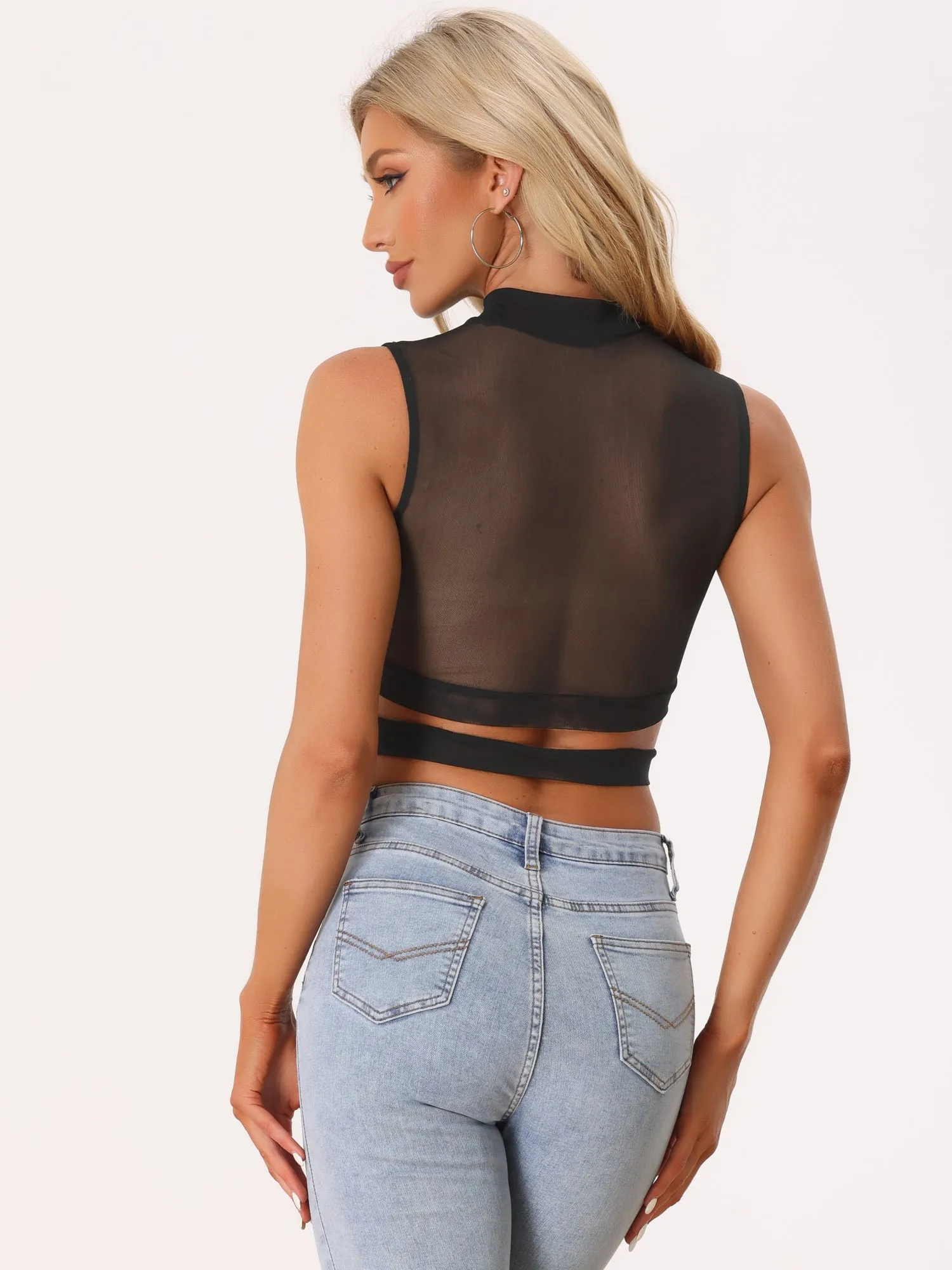 Solid Mesh Sheer Sleeveless Waist Cross Camisole Crop Tank Top sold by Allegra K product image thumbnail 3