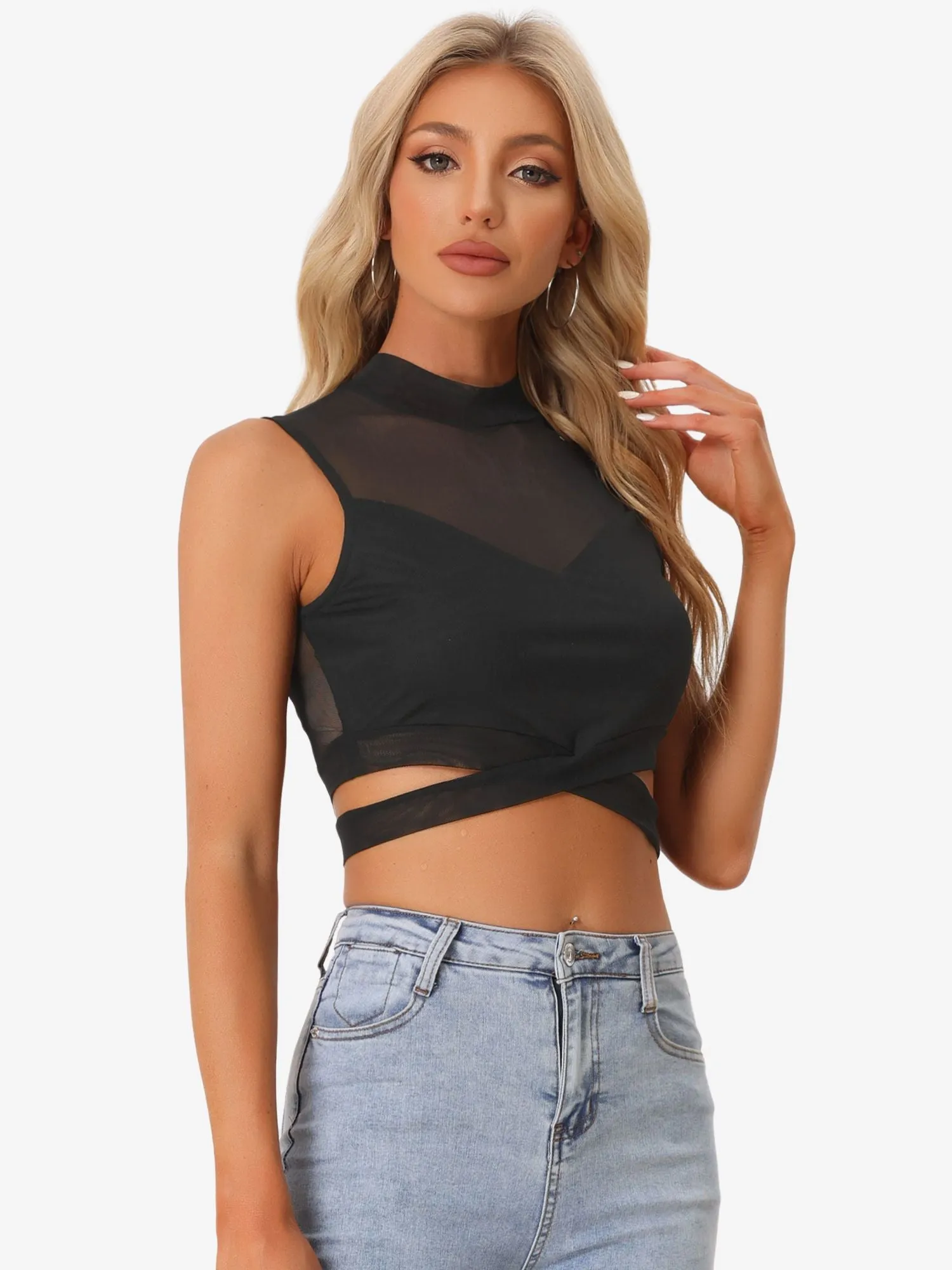 Solid Mesh Sheer Sleeveless Waist Cross Camisole Crop Tank Top sold by Allegra K