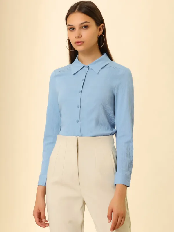 Long Sleeve Collared Work Office Career Blouse Button up Shirt sold by Allegra K