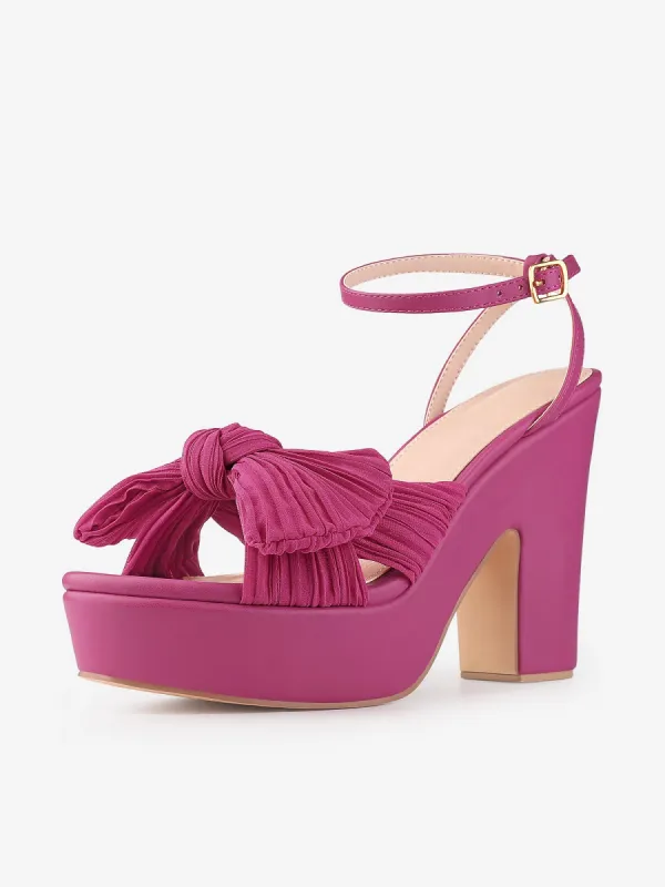 Women's Platform Pleated Bow Slingback Block High Heel Sandals sold by Allegra K