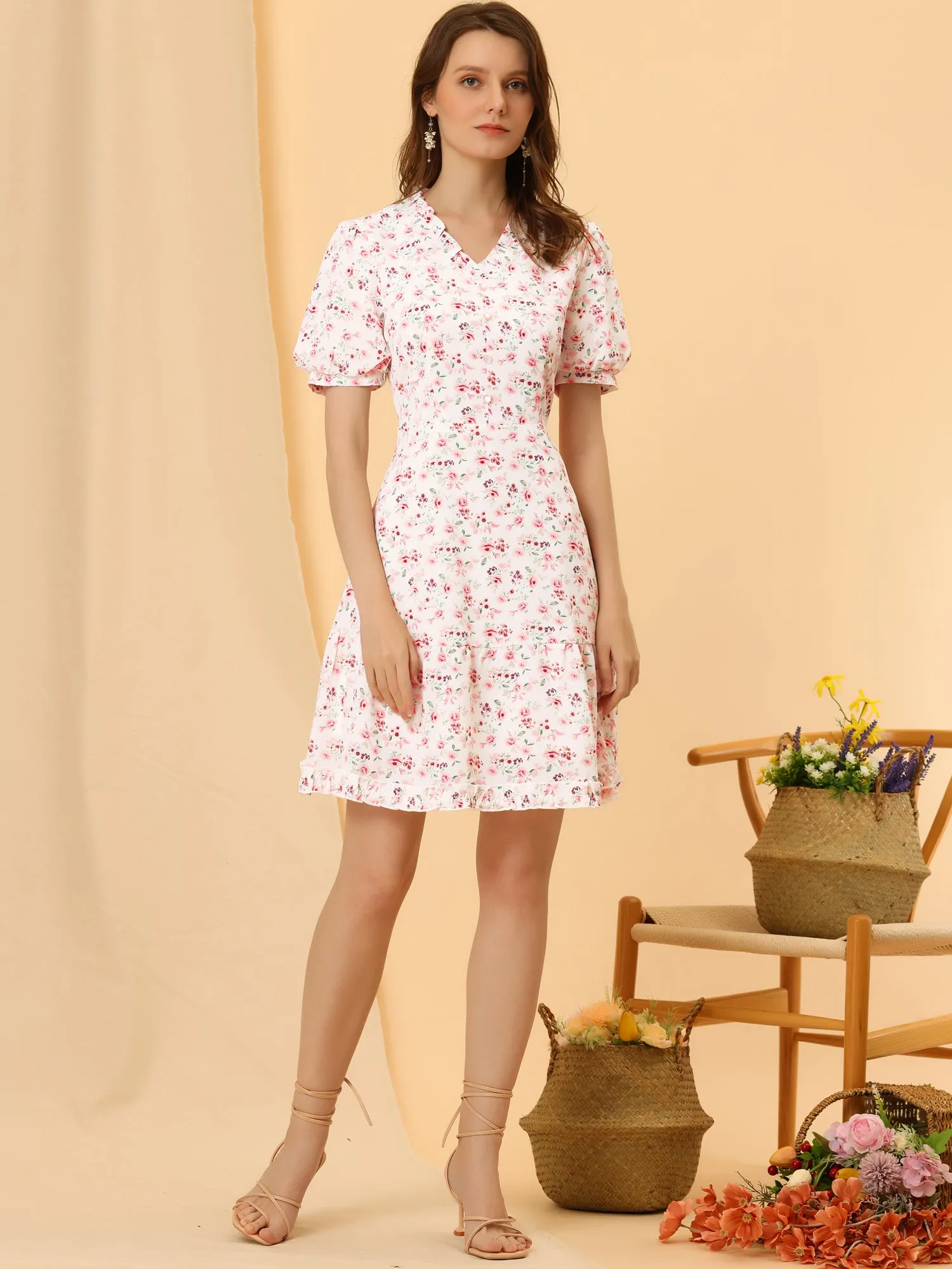 Peasant Floral V Neck Ruffle A-Line Mini Tiered Puff Sleeve Dress sold by Allegra K