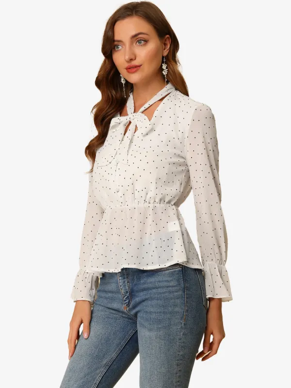 Tie Neck Ruffle Hem Polka Dot Cuff Long Sleeve Peplum Blouse sold by Allegra K