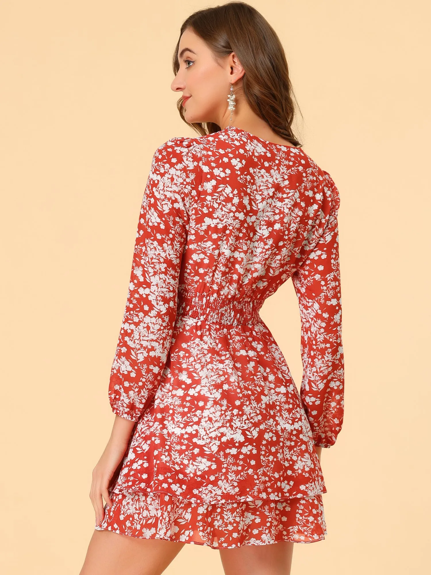Floral Tie Neck Long Sleeve Smock Waist Tiered Dress sold by Allegra K product image thumbnail 3