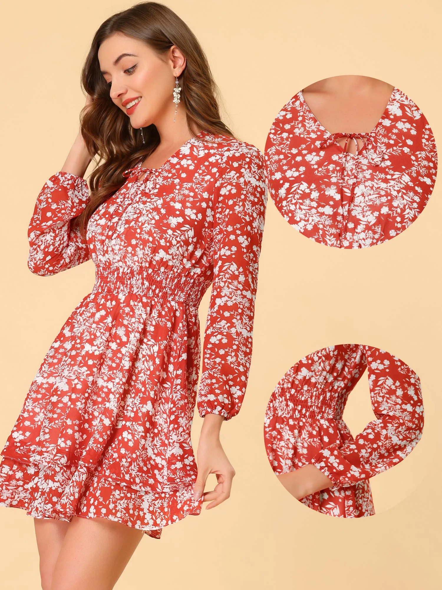 Floral Tie Neck Long Sleeve Smock Waist Tiered Dress sold by Allegra K product image thumbnail 2
