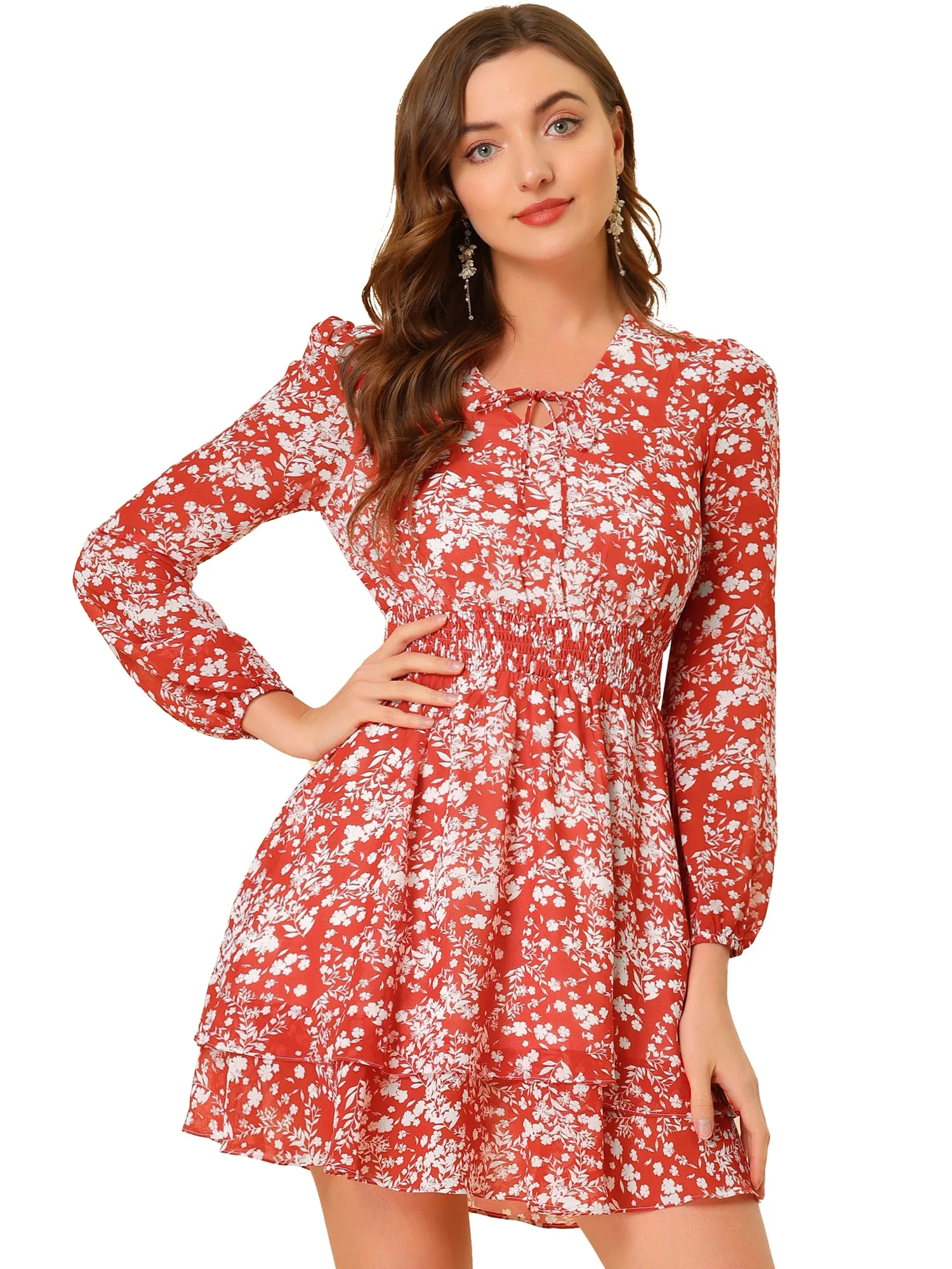 Floral Tie Neck Long Sleeve Smock Waist Tiered Dress sold by Allegra K