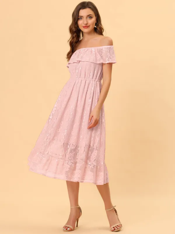 Off Shoulder Sleeveless Bridesmaid Wedding Lace Mini Lining Dress sold by Allegra K
