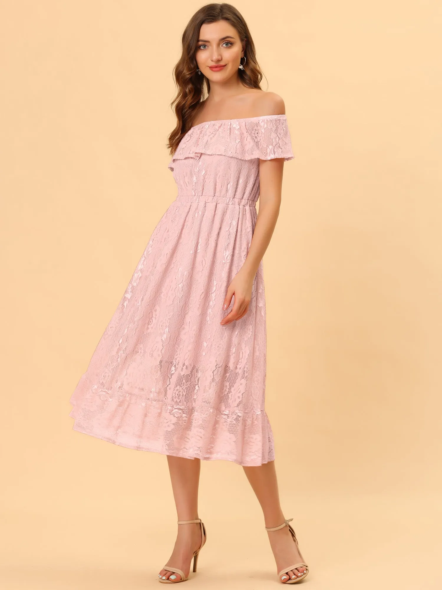 Off Shoulder Sleeveless Bridesmaid Wedding Lace Mini Lining Dress sold by Allegra K