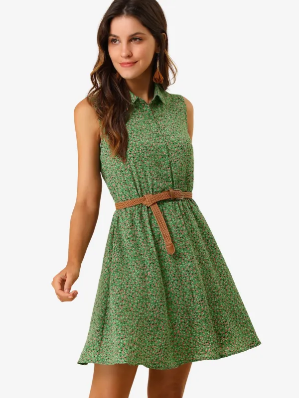 Printed Half Placket Above Knee Sleeveless Belted Dress sold by Allegra K