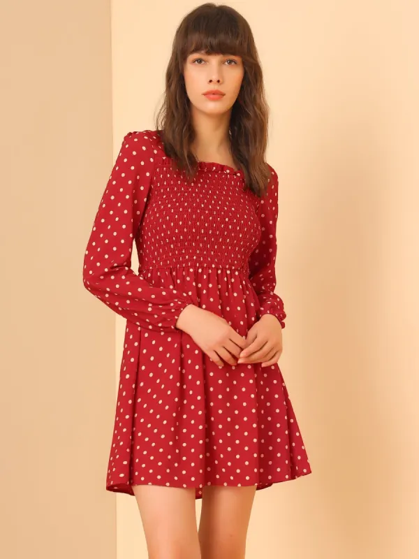 Polka Dot Square Neck Long Sleeve Smock Mini Dress sold by Allegra K