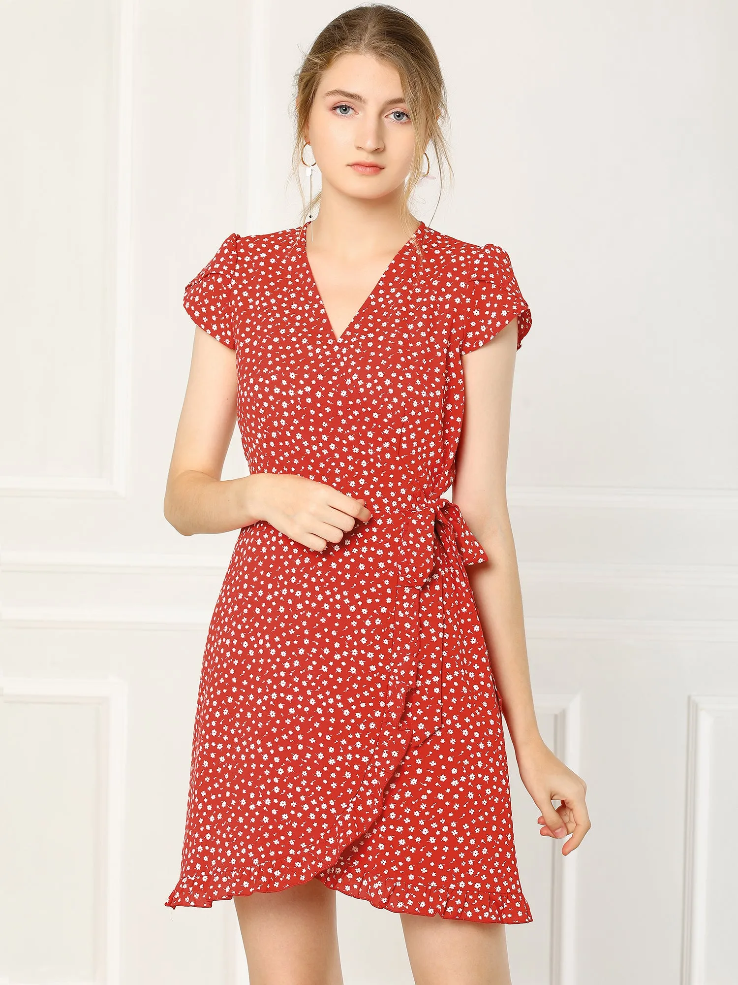 Ruffled Hem Tulip Sleeve Above Knee Chiffon Floral Faux Wrap Dress sold by Allegra K product image thumbnail 2