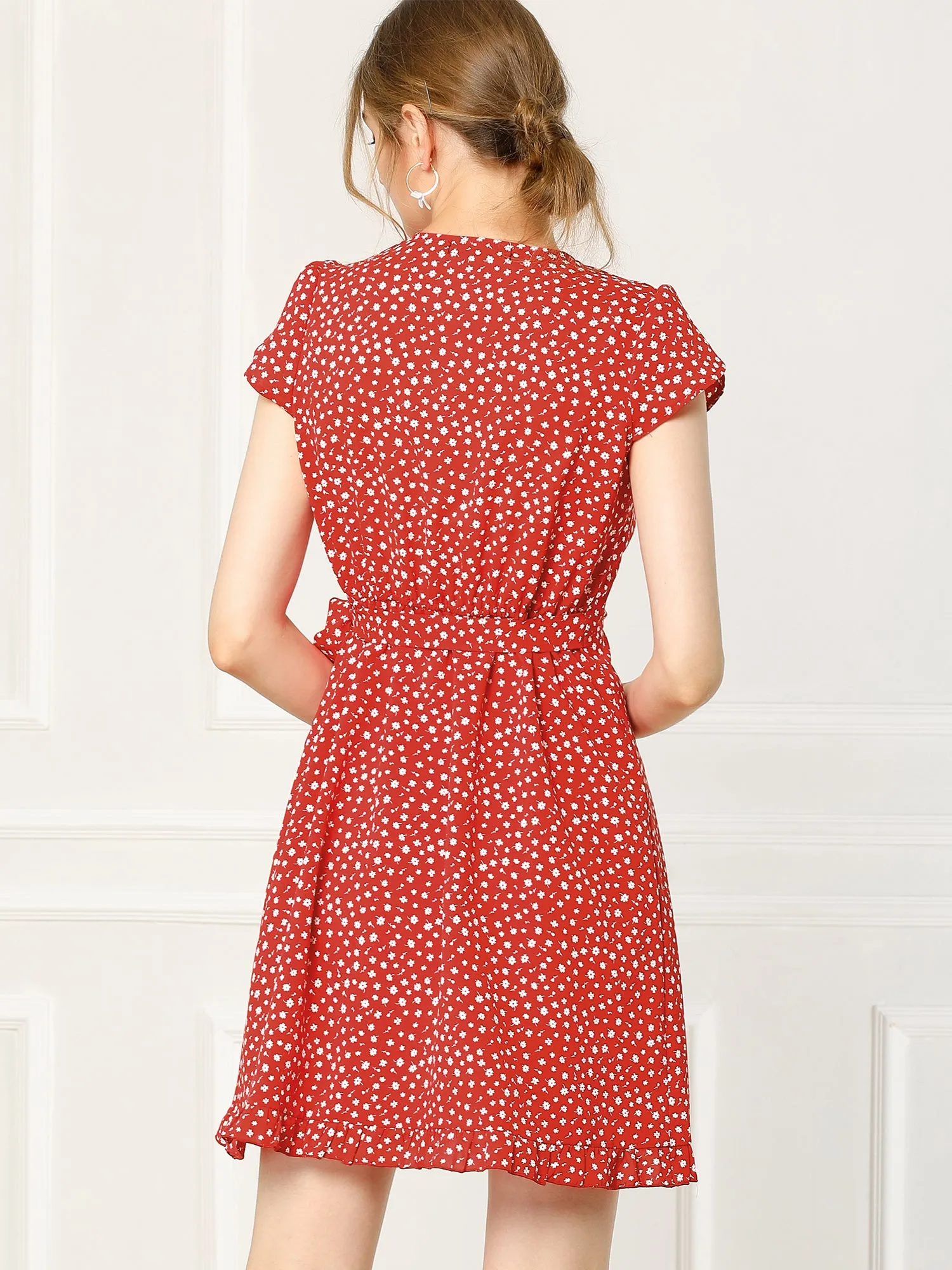 Ruffled Hem Tulip Sleeve Above Knee Chiffon Floral Faux Wrap Dress sold by Allegra K product image thumbnail 4