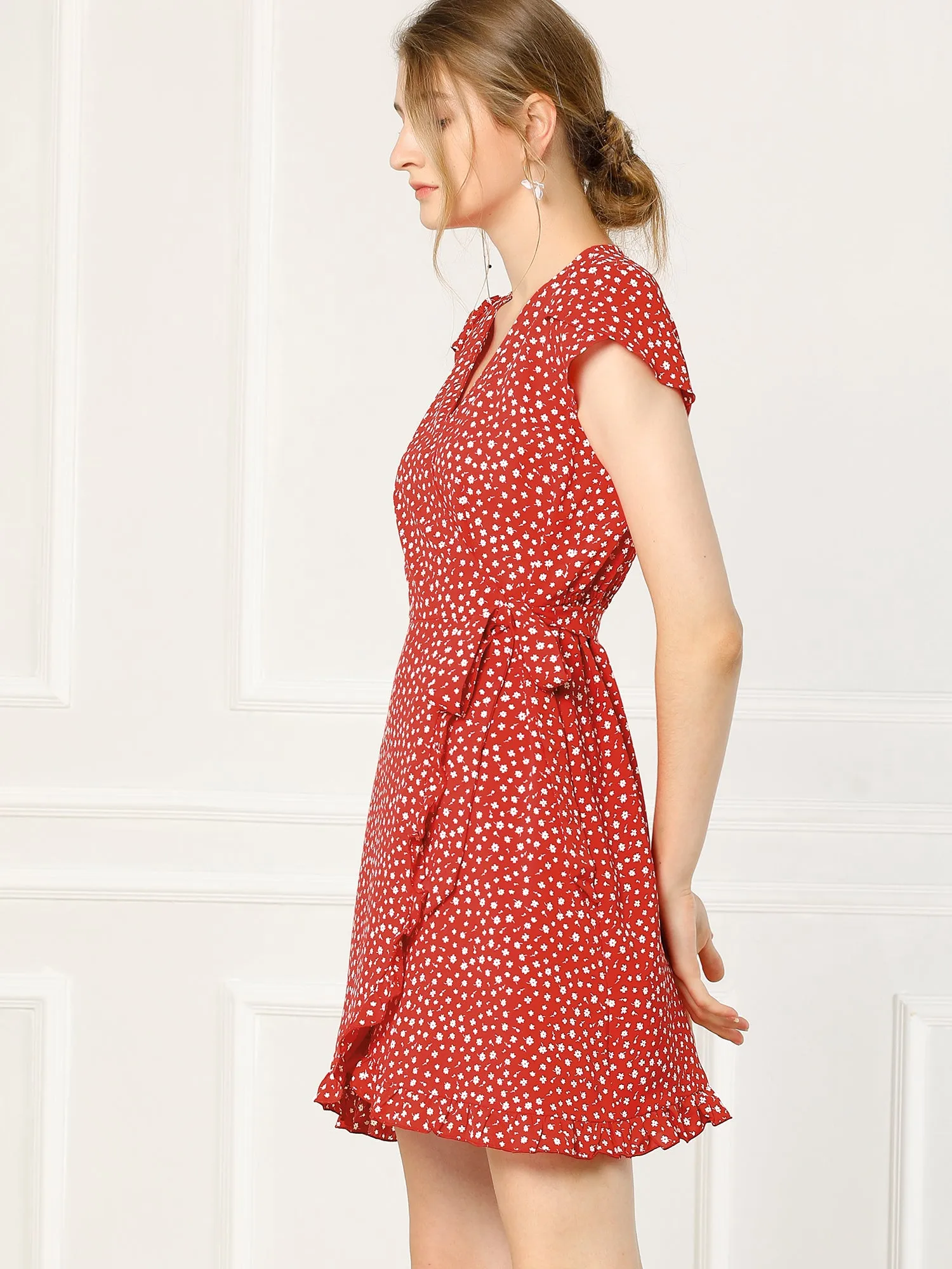 Ruffled Hem Tulip Sleeve Above Knee Chiffon Floral Faux Wrap Dress sold by Allegra K product image thumbnail 3