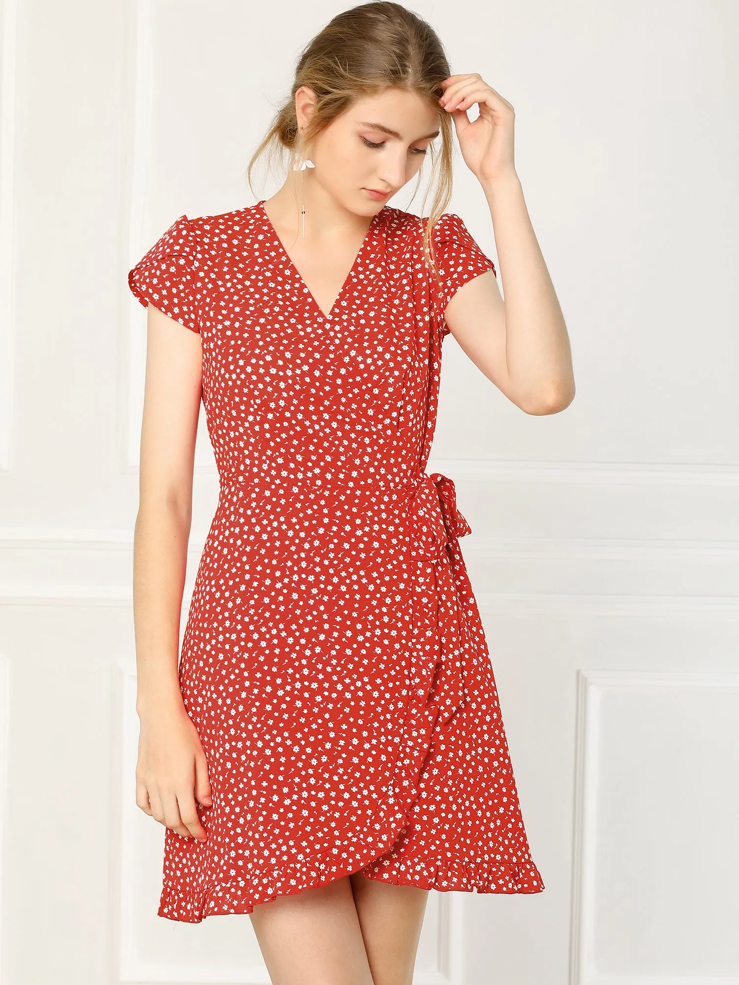 Ruffled Hem Tulip Sleeve Above Knee Chiffon Floral Faux Wrap Dress sold by Allegra K