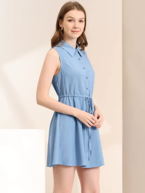 Sleeveless Point Collar Drawstring Waist Button Down Shirt Dress sold by Allegra K
