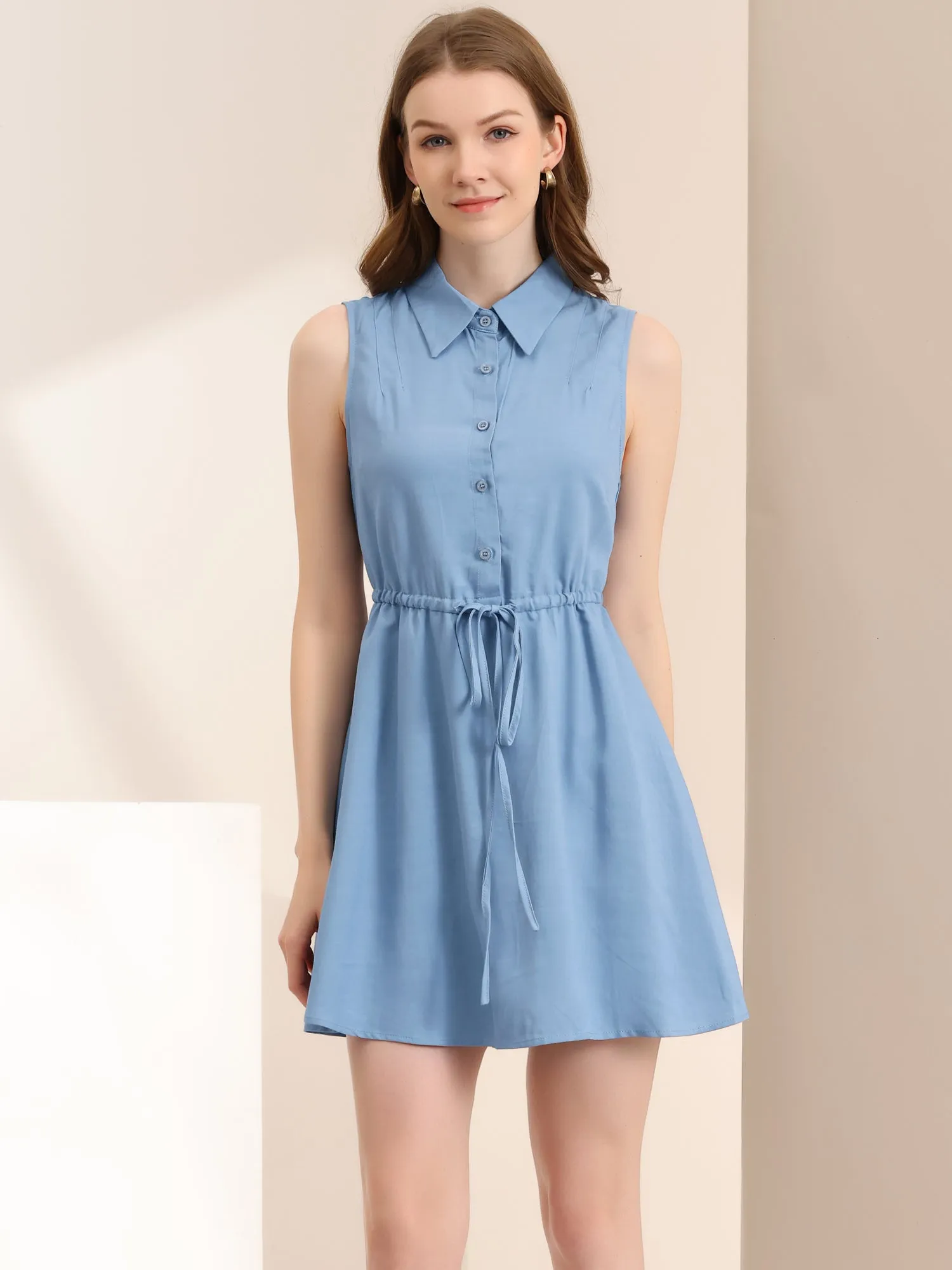 Sleeveless Point Collar Drawstring Waist Button Down Shirt Dress sold by Allegra K product image thumbnail 4
