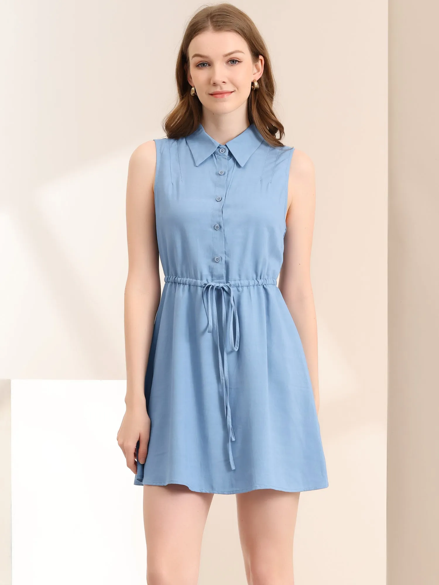 Sleeveless Point Collar Drawstring Waist Button Down Shirt Dress sold by Allegra K product image thumbnail 3