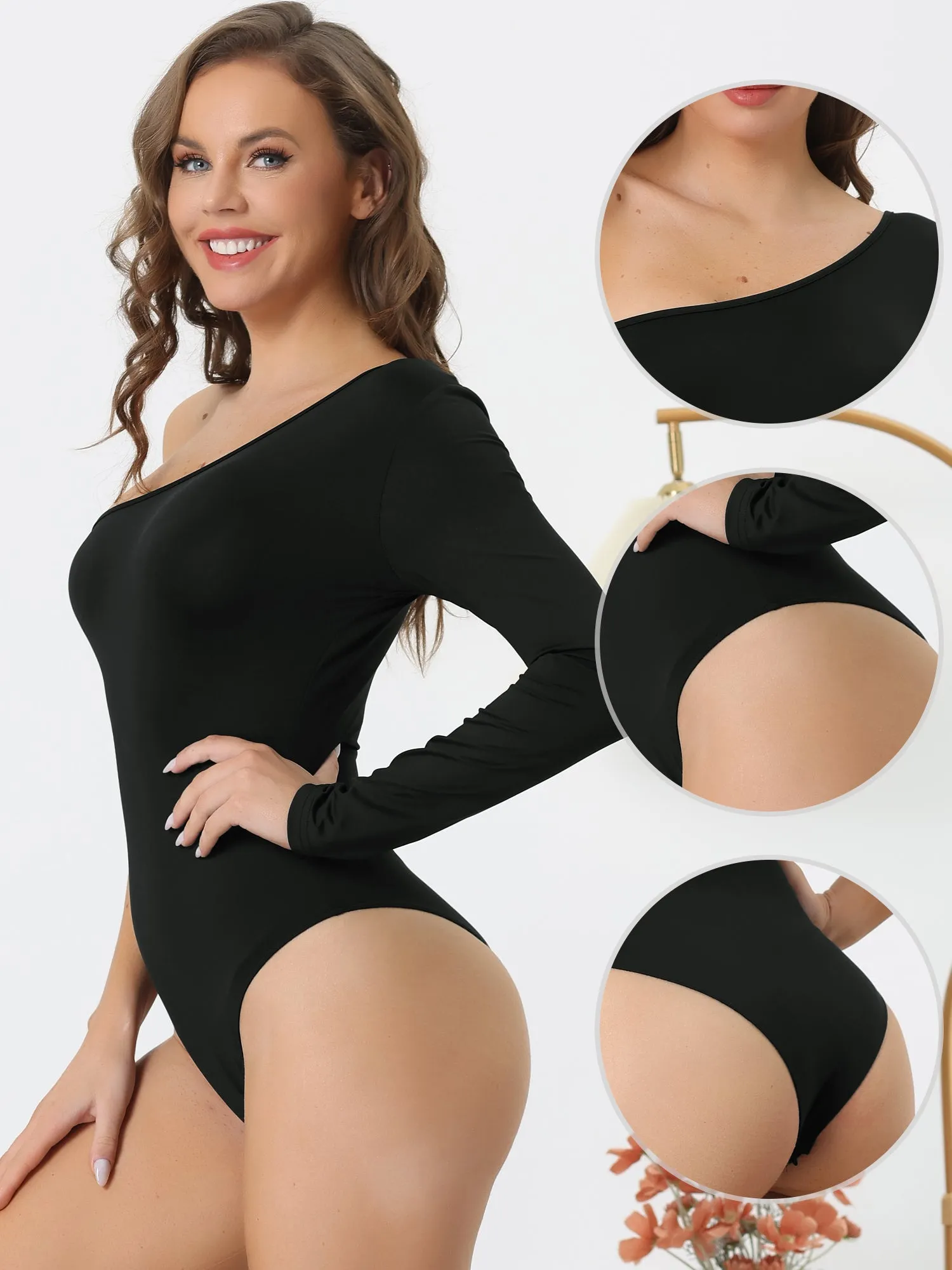 One Shoulder Stretchy Long Sleeve Bodycon Leotard Bodysuit sold by Allegra K product image thumbnail 3