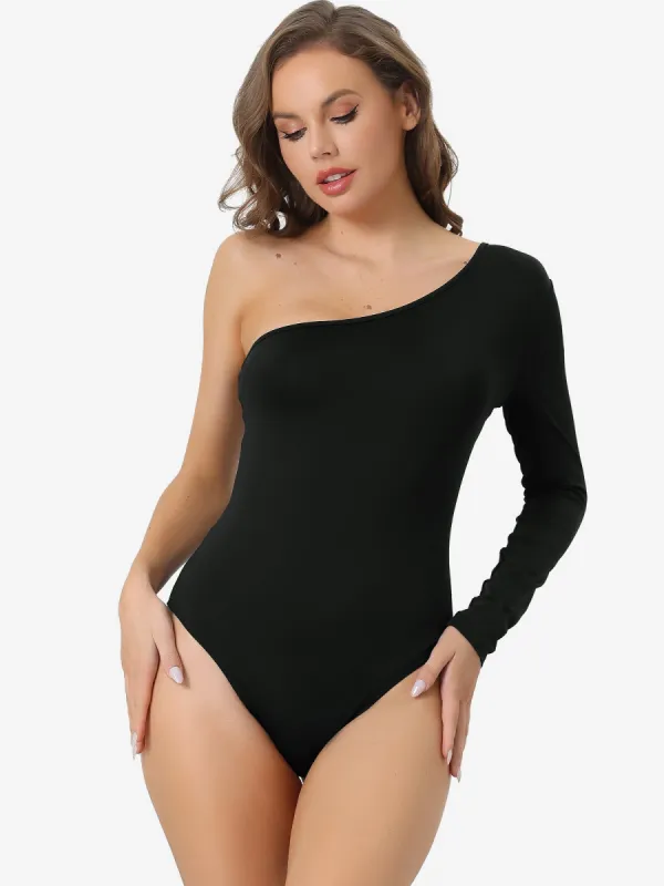One Shoulder Stretchy Long Sleeve Bodycon Leotard Bodysuit sold by Allegra K