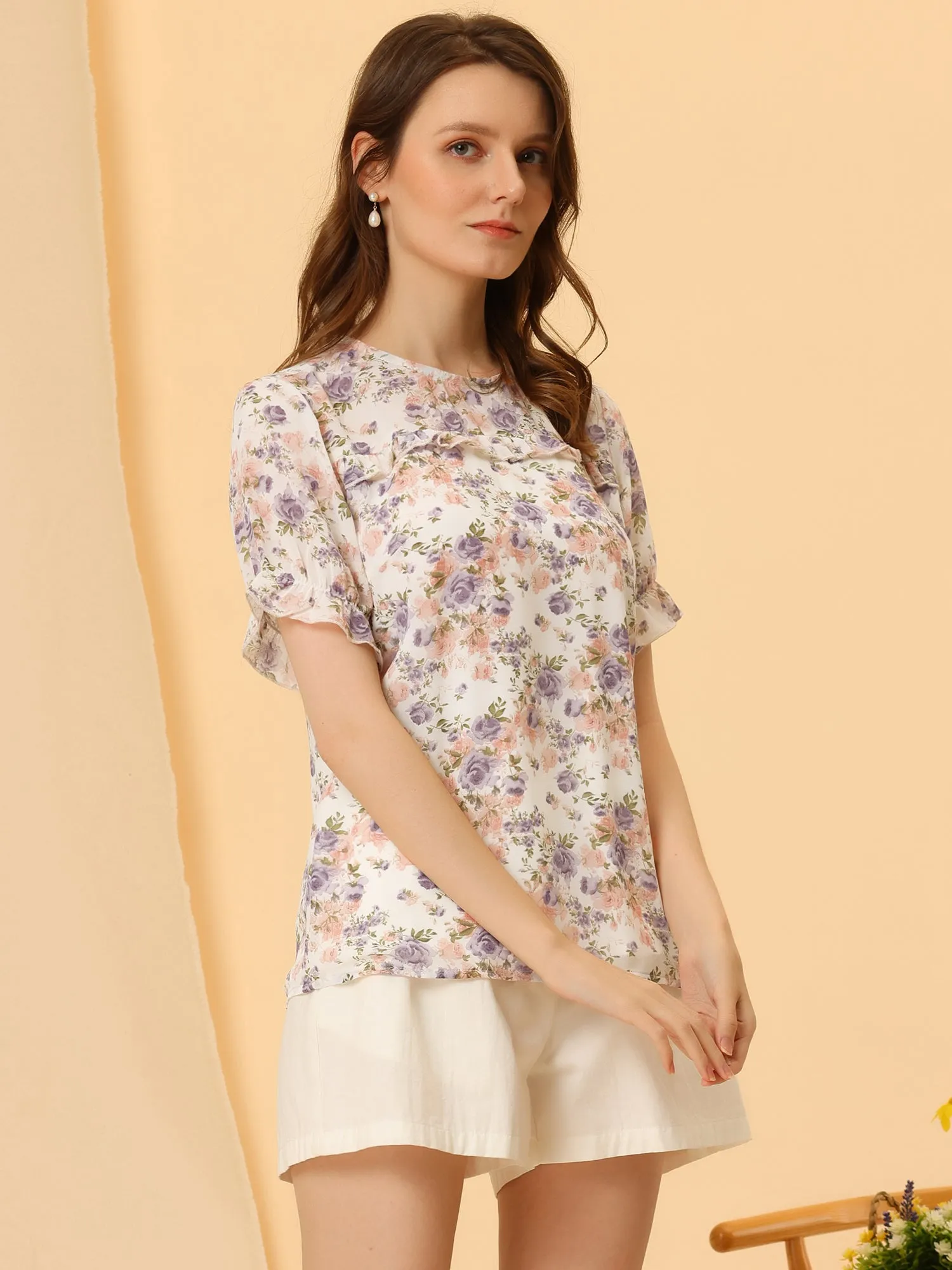 Chiffon Short Sleeve Ruffled Trim Floral Blouse Top sold by Allegra K product image thumbnail 2