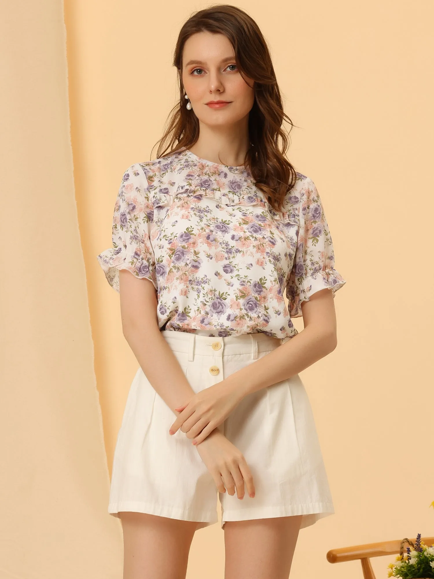 Chiffon Short Sleeve Ruffled Trim Floral Blouse Top sold by Allegra K product image thumbnail 3