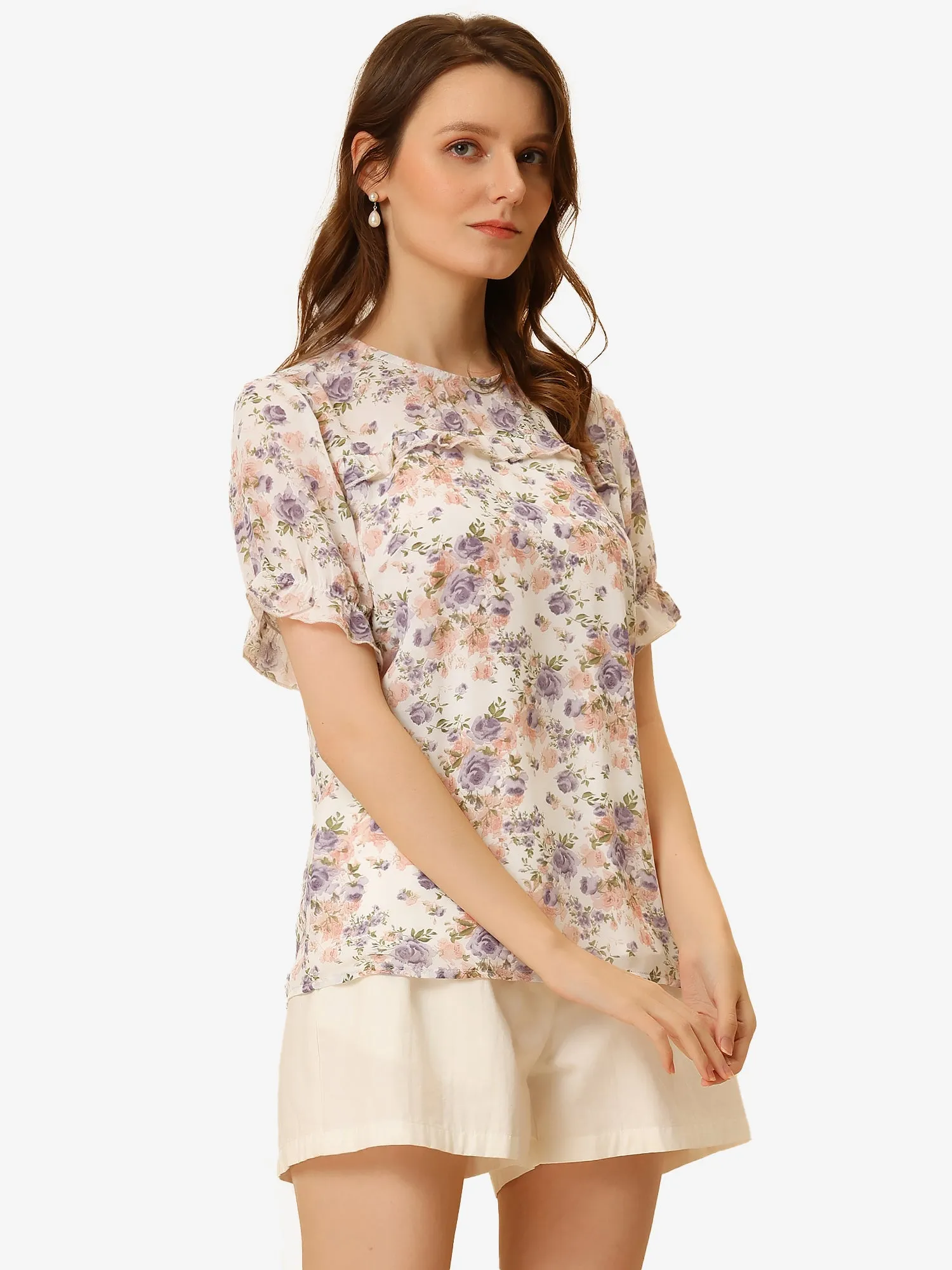Chiffon Short Sleeve Ruffled Trim Floral Blouse Top sold by Allegra K