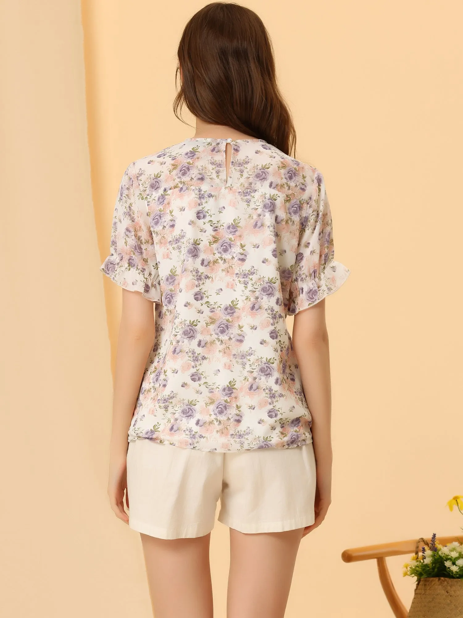 Chiffon Short Sleeve Ruffled Trim Floral Blouse Top sold by Allegra K product image thumbnail 4