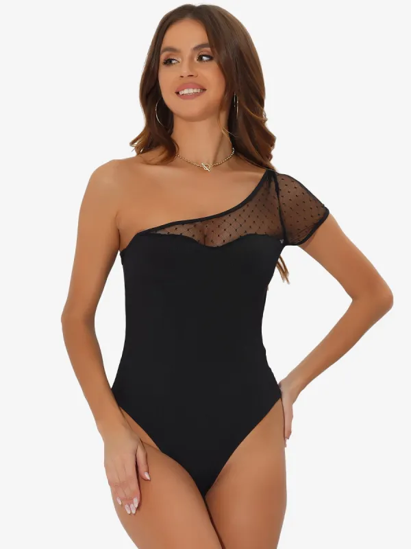 Sexy One Shoulder Sleeveless Bodysuits Sheer Mesh Sleeve Skinny Bodysuit sold by Allegra K