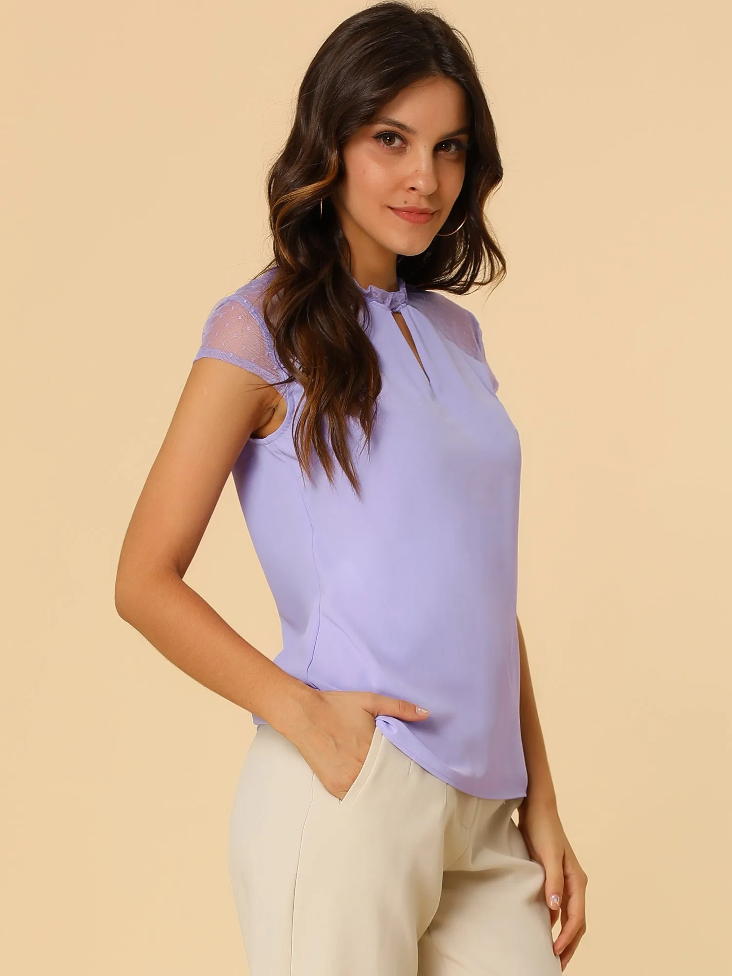Summer Keyhole Neck Ruffle Mesh Sheer Lace Panel Elegant Blouse Top sold by Allegra K product image thumbnail 4